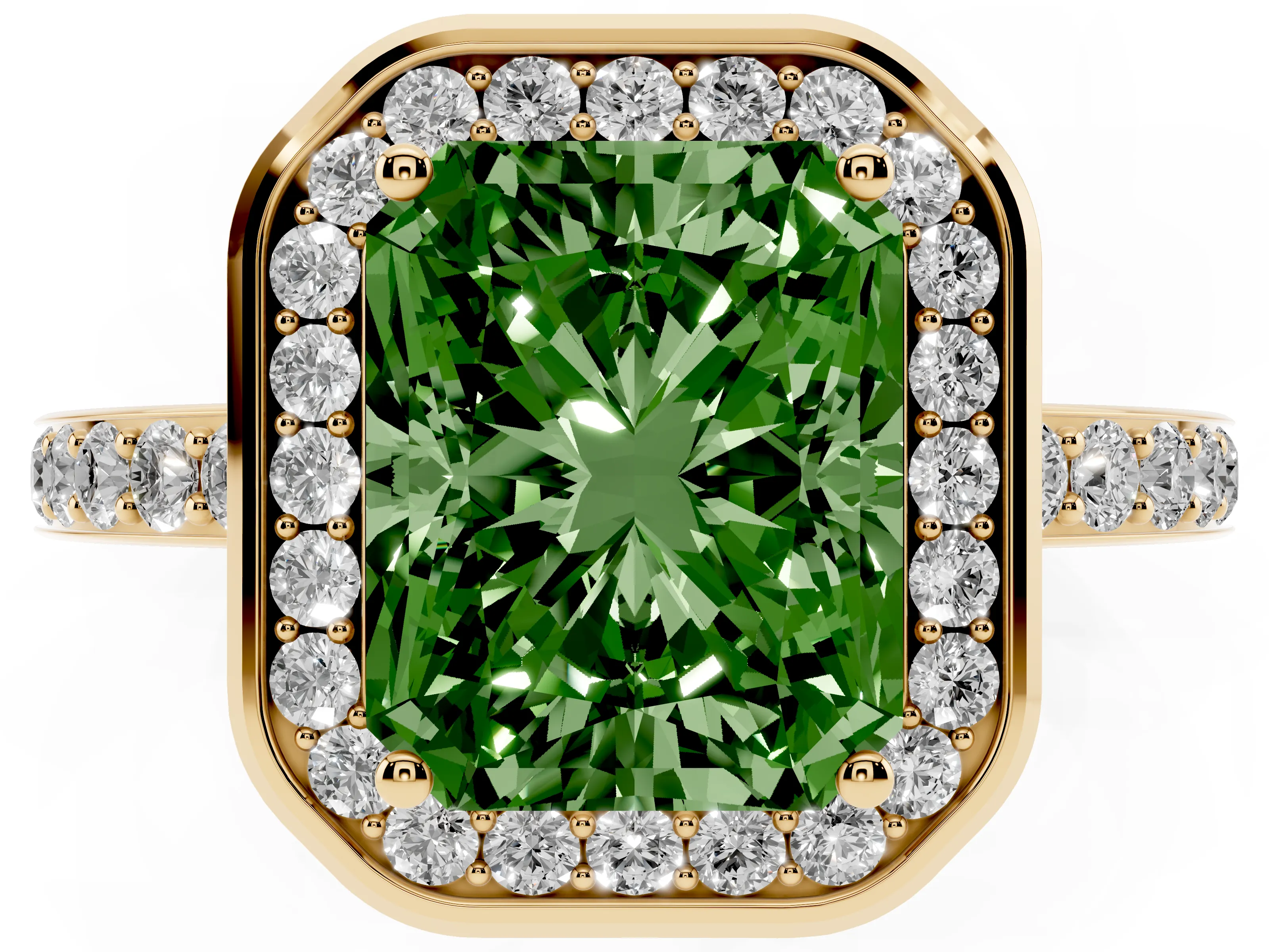Fancy Green Radiant Cut Diamond Halo Ring Set in Yellow gold with Bezel Frame and Pavé Band