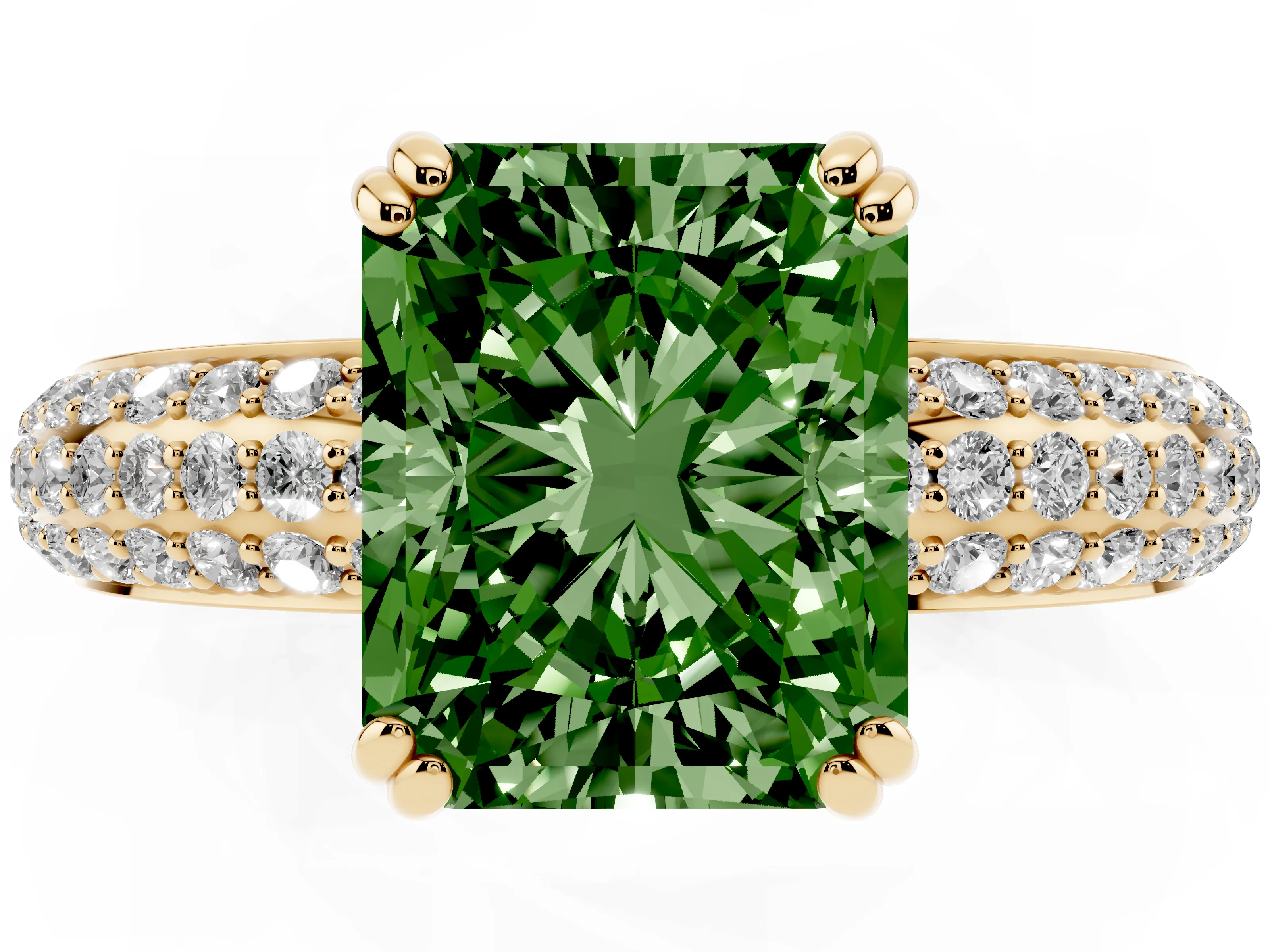 Fancy Green Radiant Cut Diamond Solitaire Ring Set in Yellow gold with Multi-Row Round Pavé Band and Prong Setting