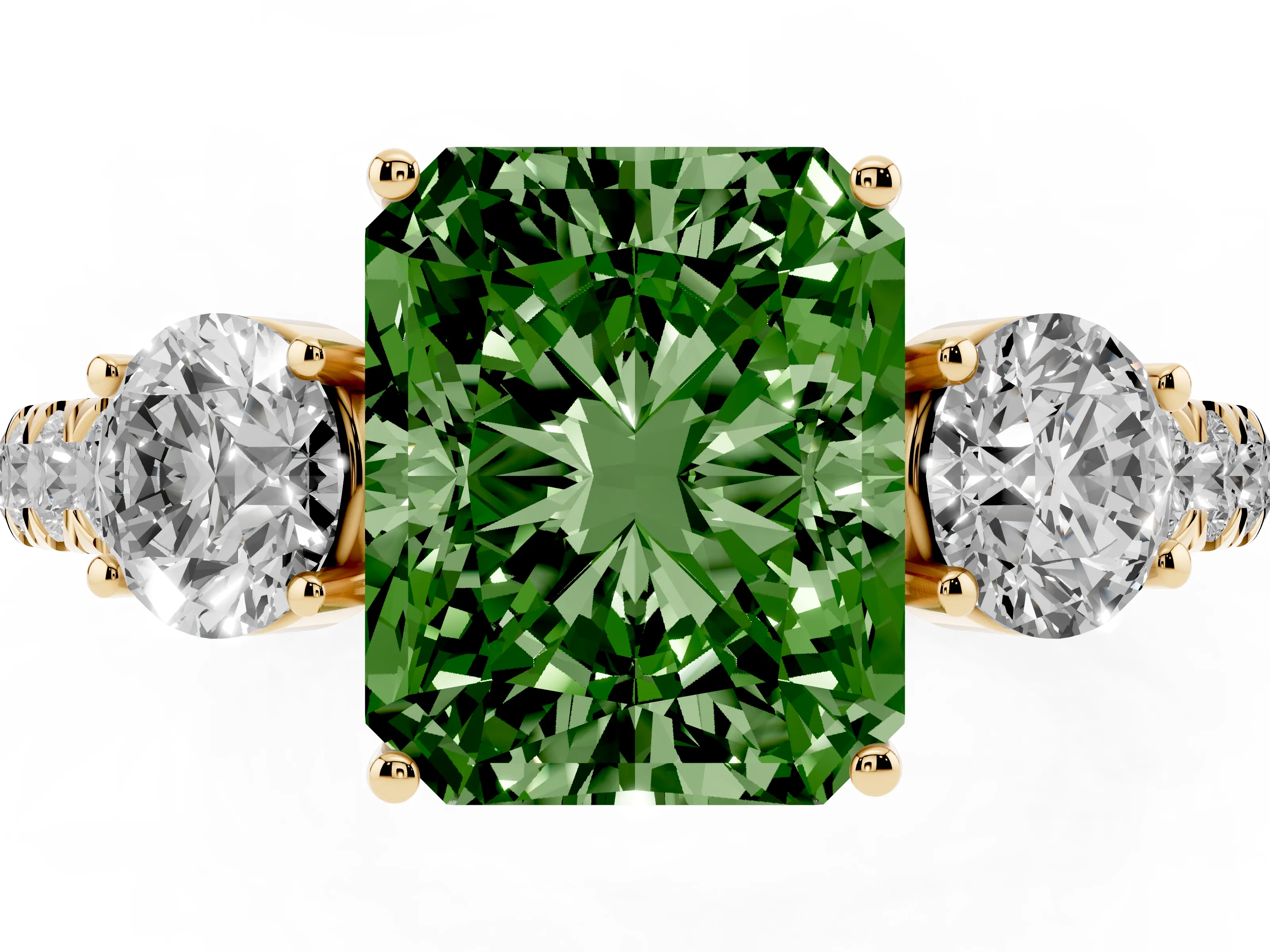 Fancy Green Radiant Cut Diamond Three-Stone Ring Set in Yellow gold with Round Side Stones and Delicate Pavé Band