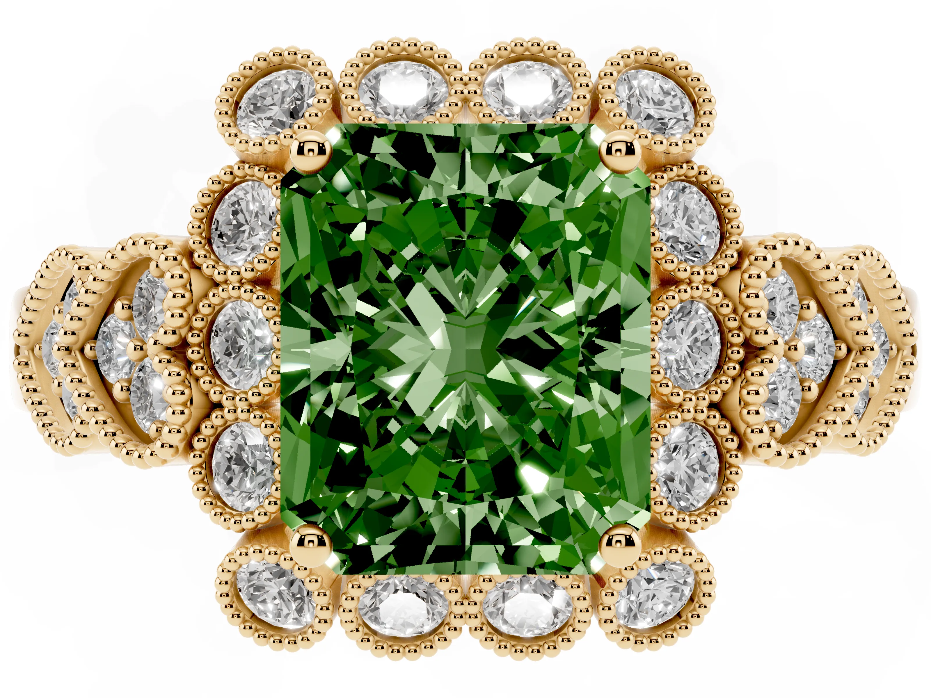 Fancy Green Radiant Cut Diamond Solitaire Ring Set in Yellow gold with Milgrain Pavé Heart Band