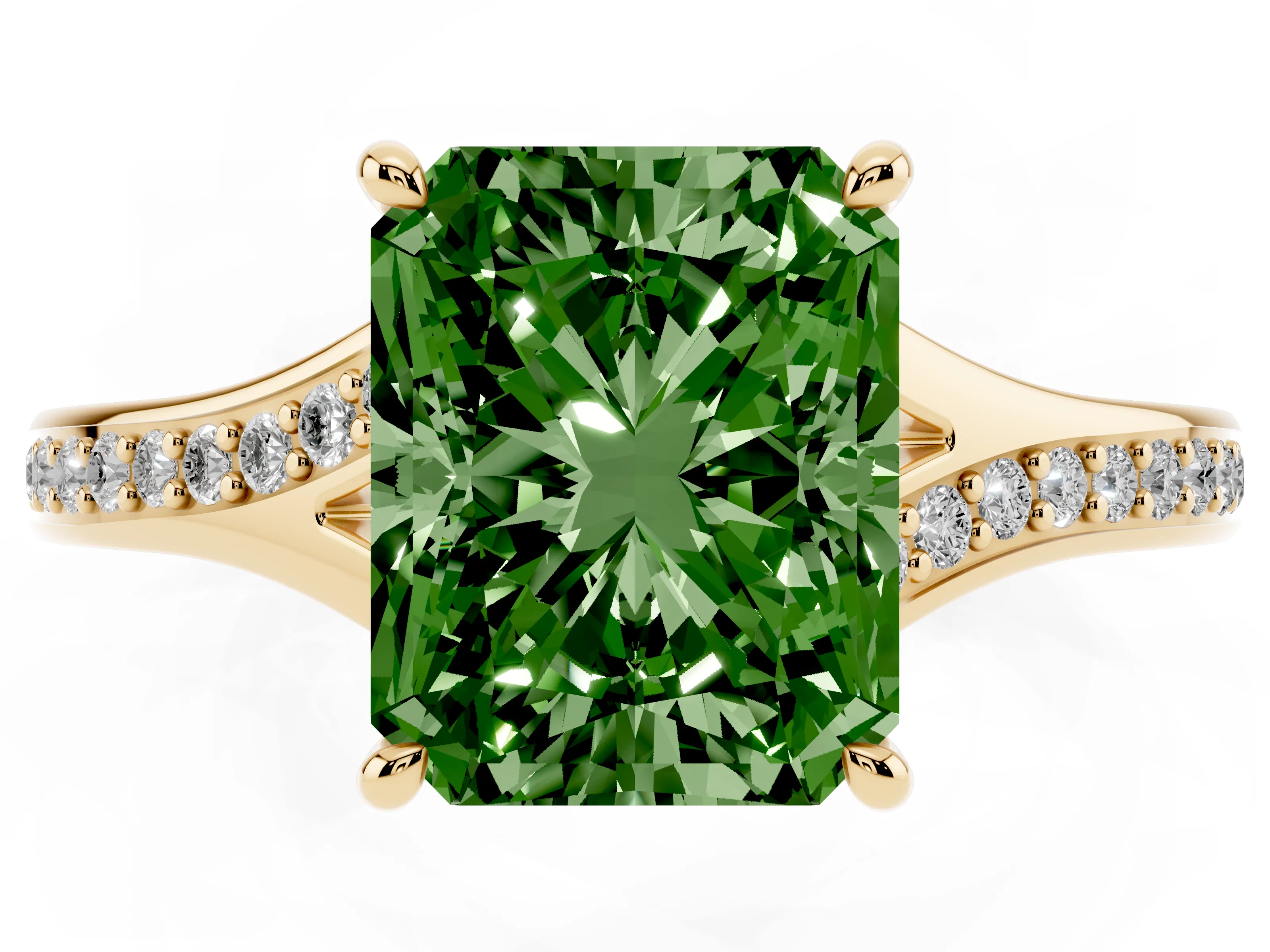 Fancy Green Radiant Cut Diamond Solitaire Ring Set in Yellow gold with Pavé Accent Band and Classic Prong Setting
