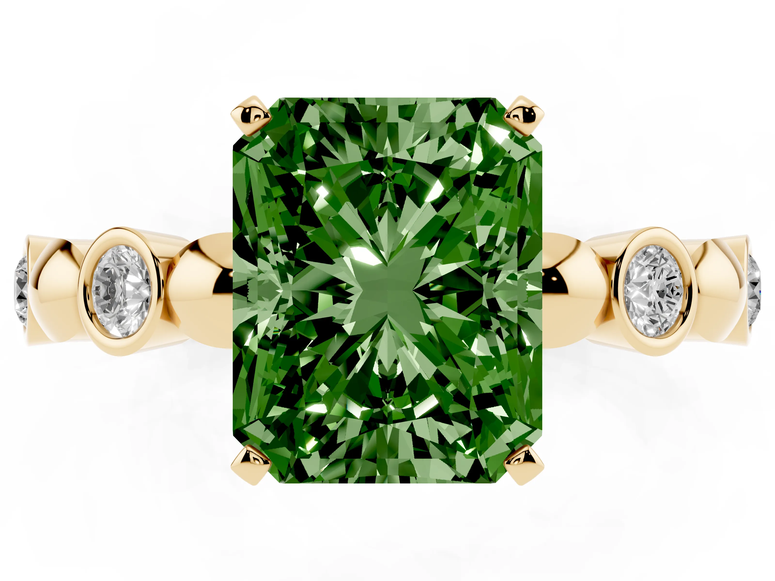 Fancy Green Radiant Cut Diamond Solitaire Ring Set in Yellow gold with Bezel-Set Accents on Beaded Band and Prong Setting