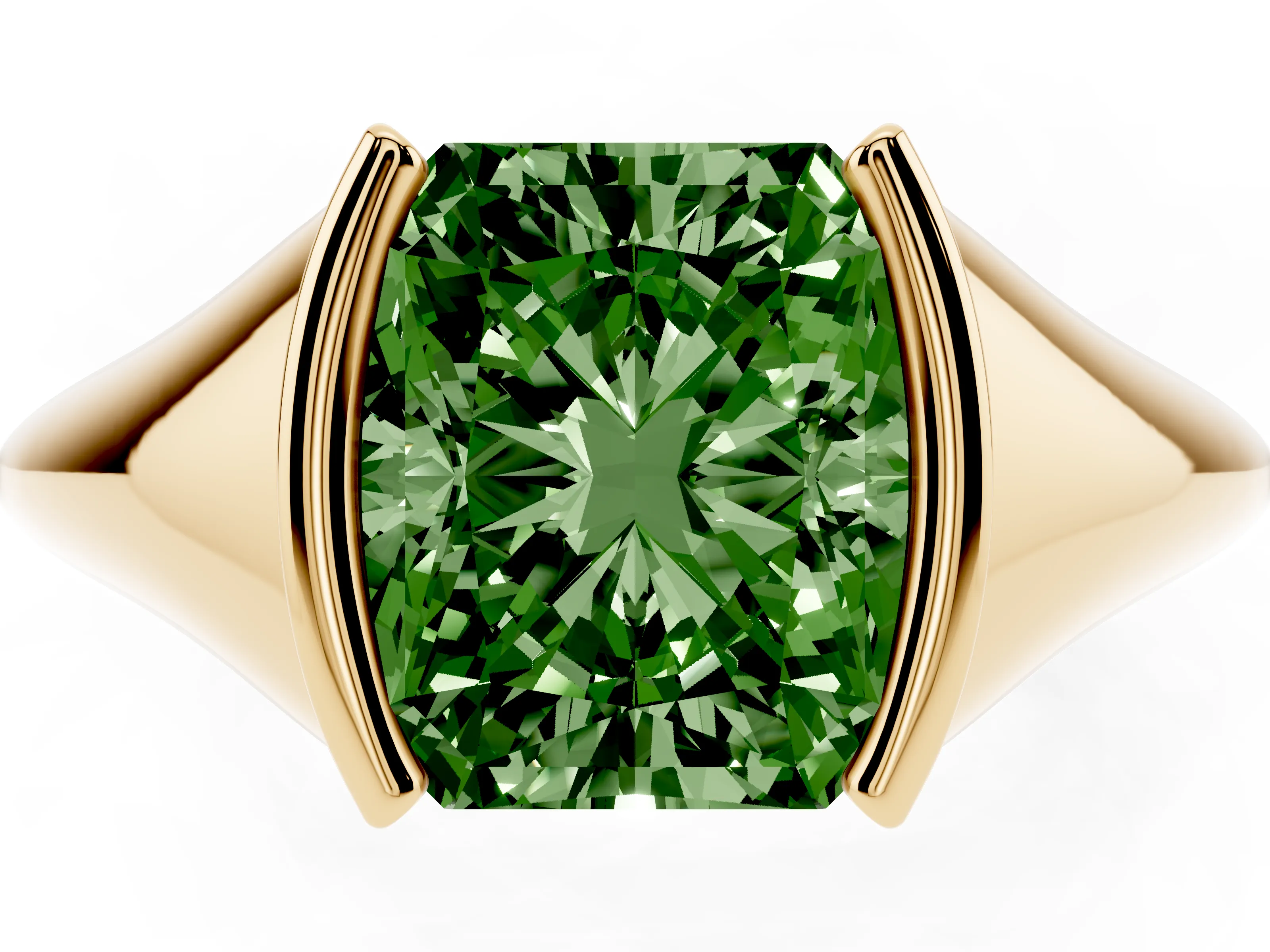 Fancy Green Radiant Cut Diamond Solitaire Tension Set Ring Set in Yellow gold