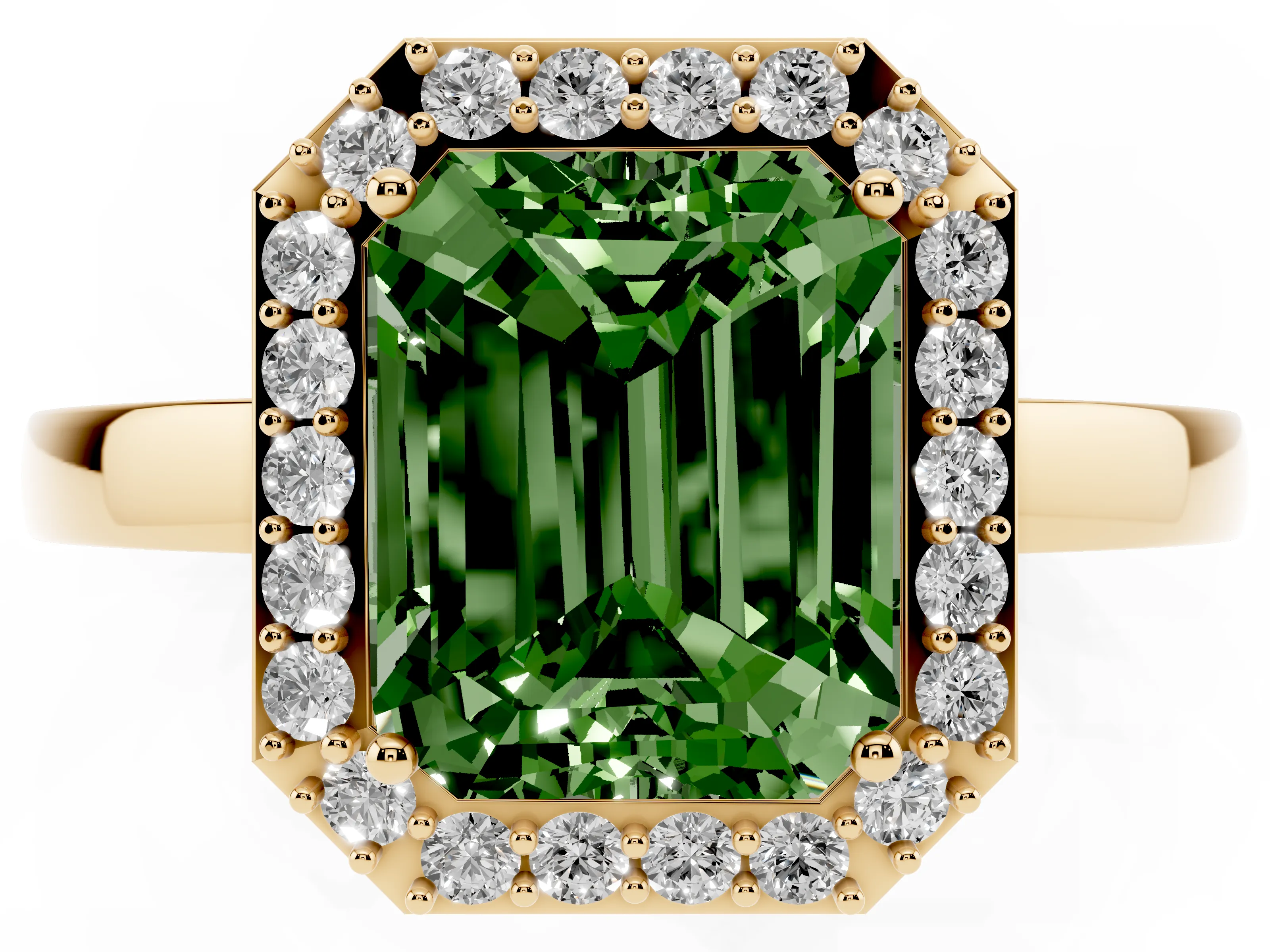 Fancy Green Radiant Cut Diamond Halo Ring Set in Yellow gold with Solitaire Band and Prong Setting