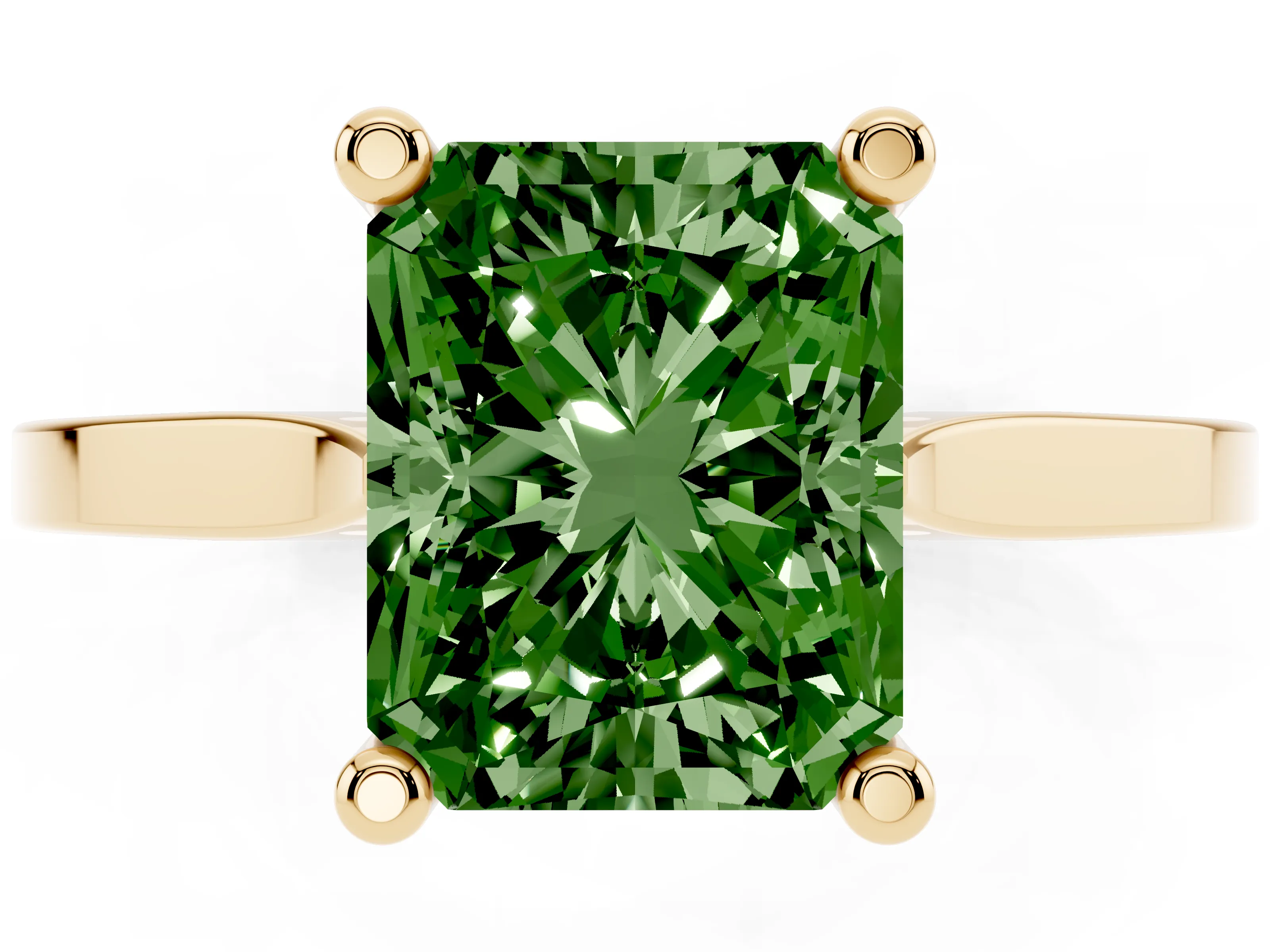 Fancy Green Radiant Cut Diamond Solitaire Ring Set in Yellow gold with Prong Setting and Tapered Band