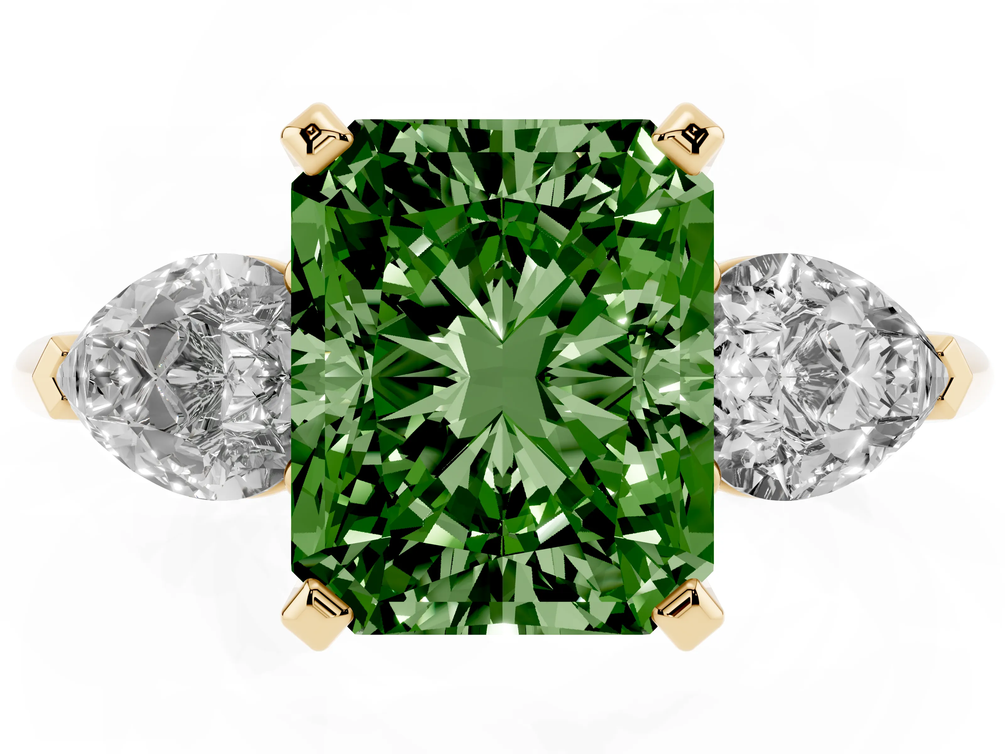 Fancy Green Three-Stone Radiant Cut Diamond Ring Set in Yellow gold with Pear Side Stones and Prong Setting