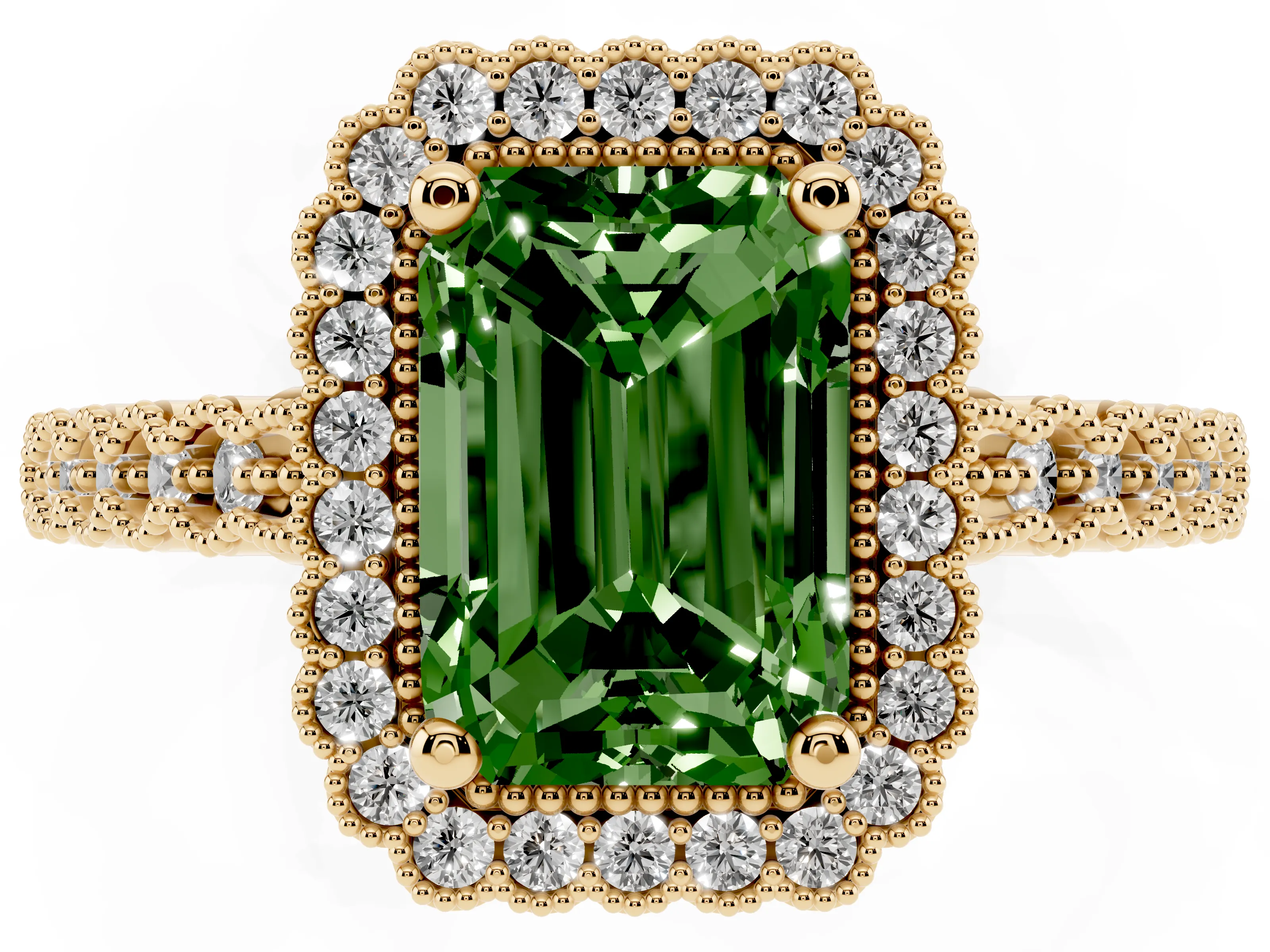 Fancy Green Radiant Cut Diamond Halo Ring Set in Yellow gold with Pavé Milgrain Band