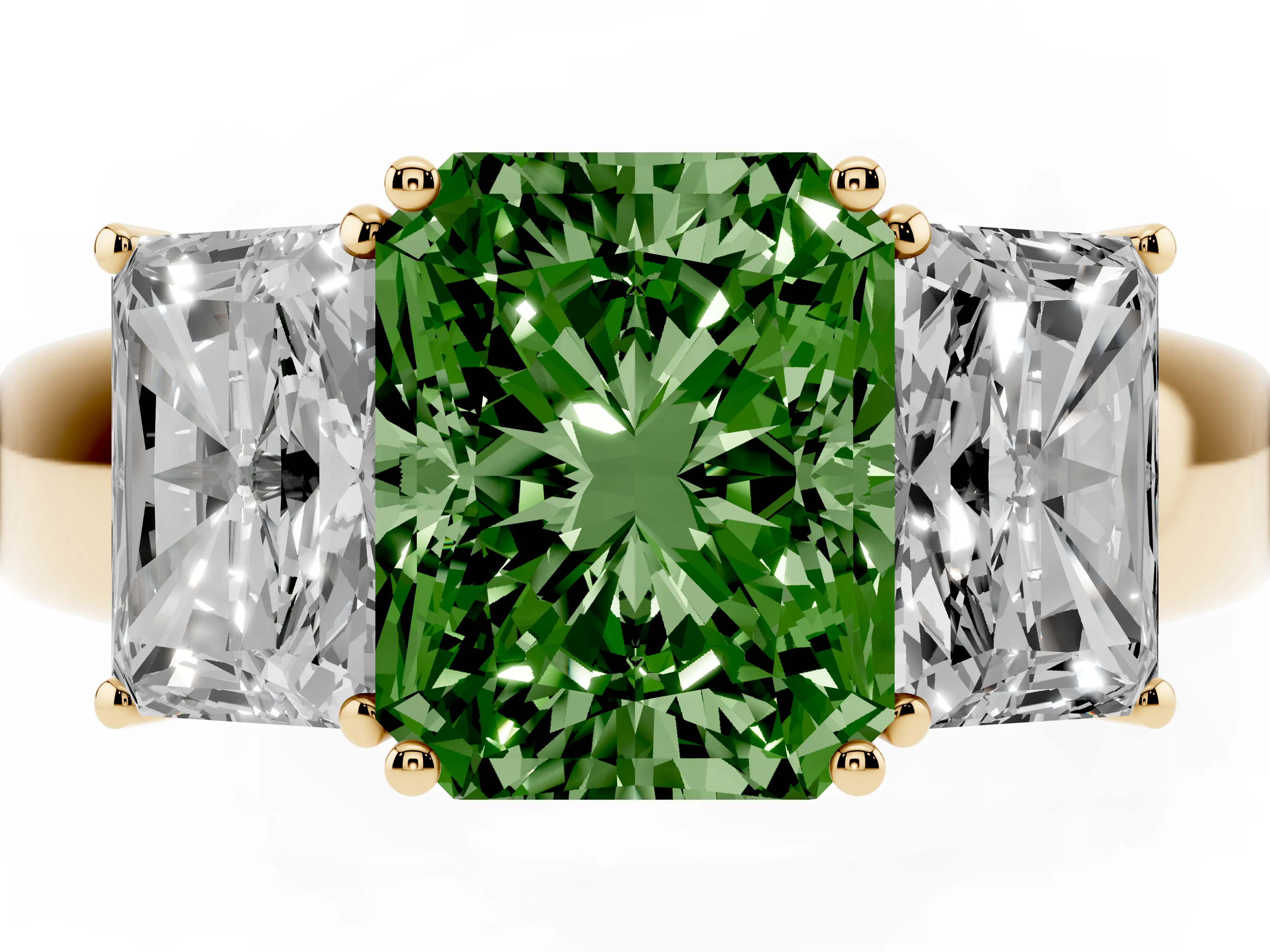 Fancy Green Three-Stone Radiant Cut Diamond Ring Set in Yellow gold with Matching Prong Settings and Plain Band