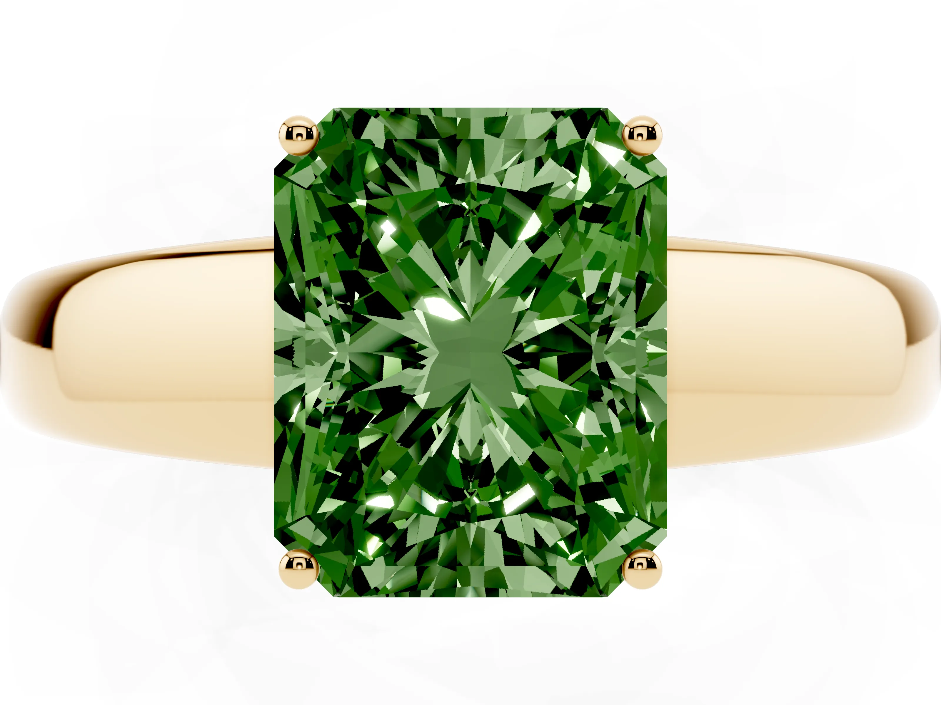 Fancy Green Radiant Cut Diamond Solitaire Ring Set in Yellow gold with Tapered Band and Prong Setting