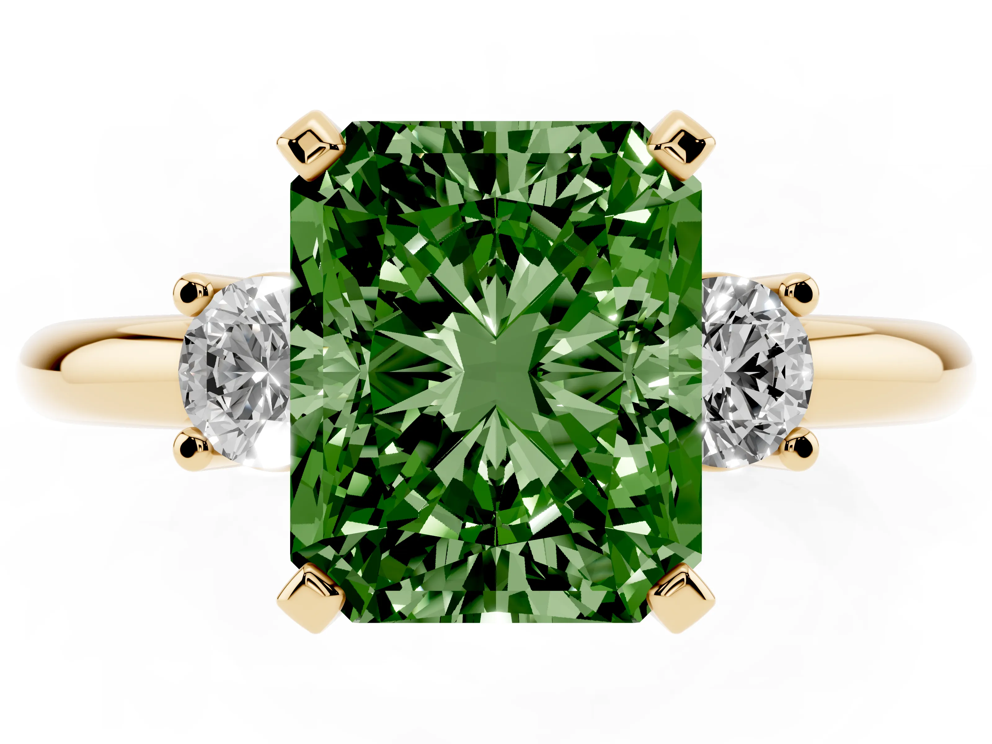 Fancy Green Three-Stone Radiant Cut Diamond Ring Set in Yellow gold with Prong Setting and Plain Band