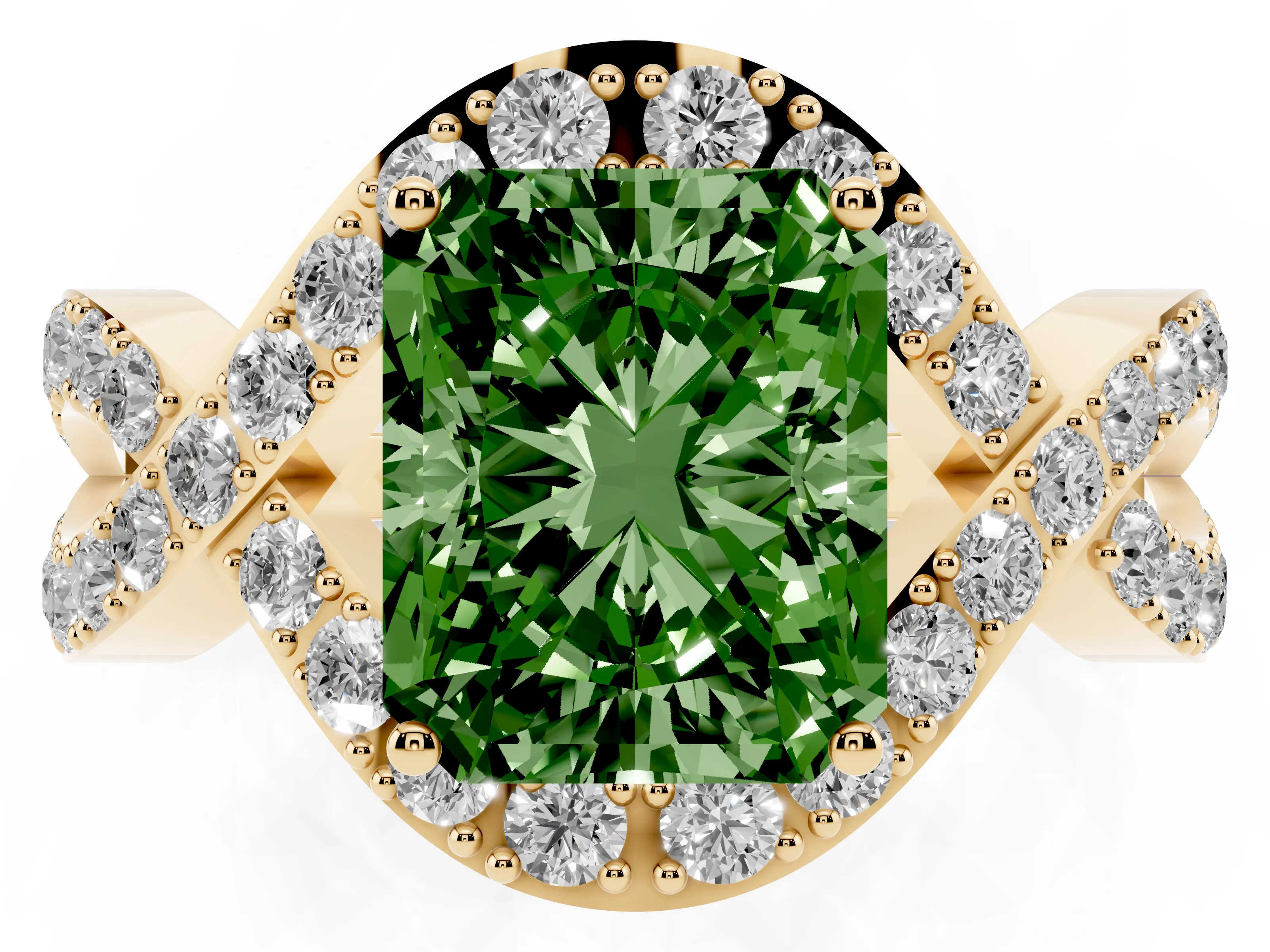 Fancy Green Radiant Cut Diamond Solitaire Twist Band Pavé Engagement Ring Set in Yellow gold