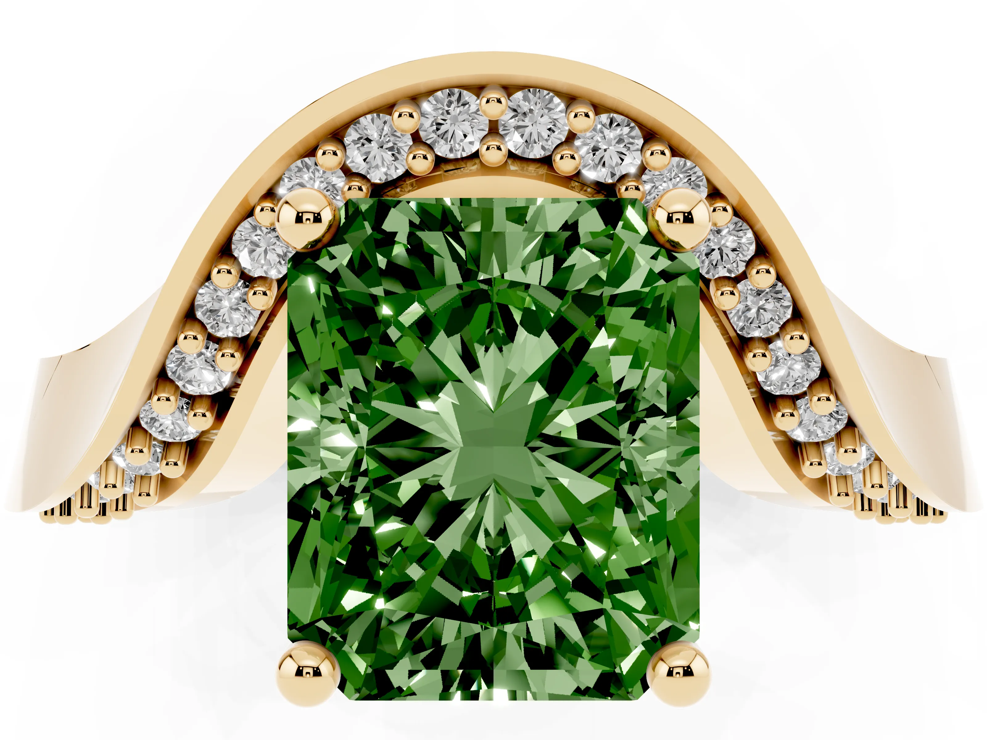 Fancy Green Radiant Cut Diamond Solitaire Engagement Ring Set in Yellow gold with Pavé Shoulders
