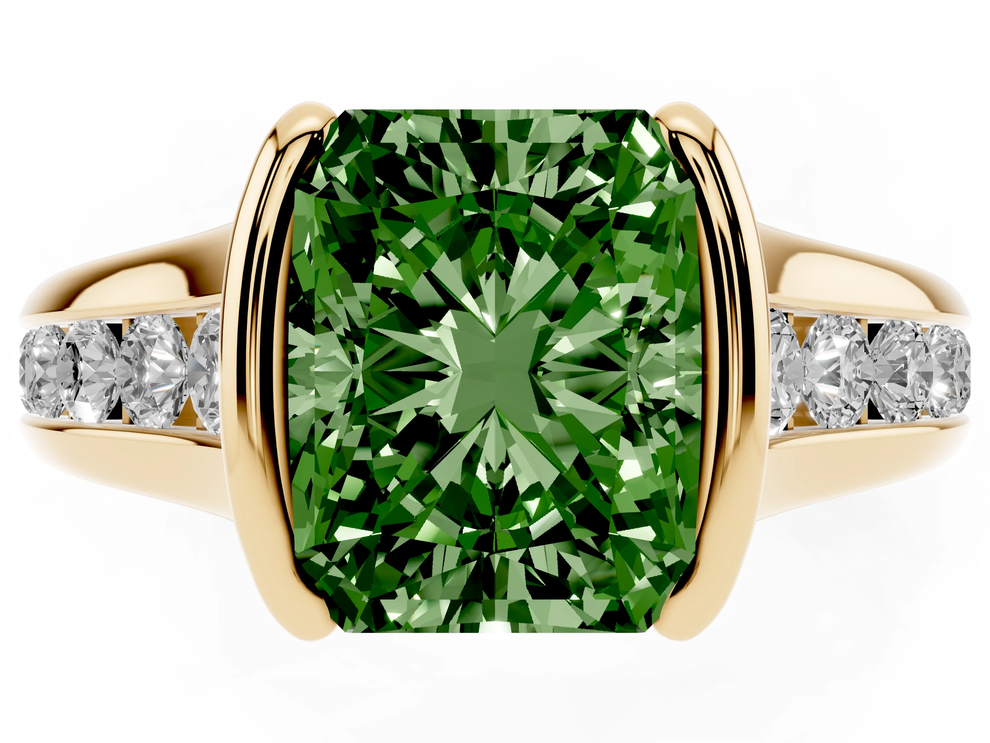Fancy Green Radiant Cut Diamond Bezel-Set Solitaire Ring Set in Yellow gold with Channel-Set Band
