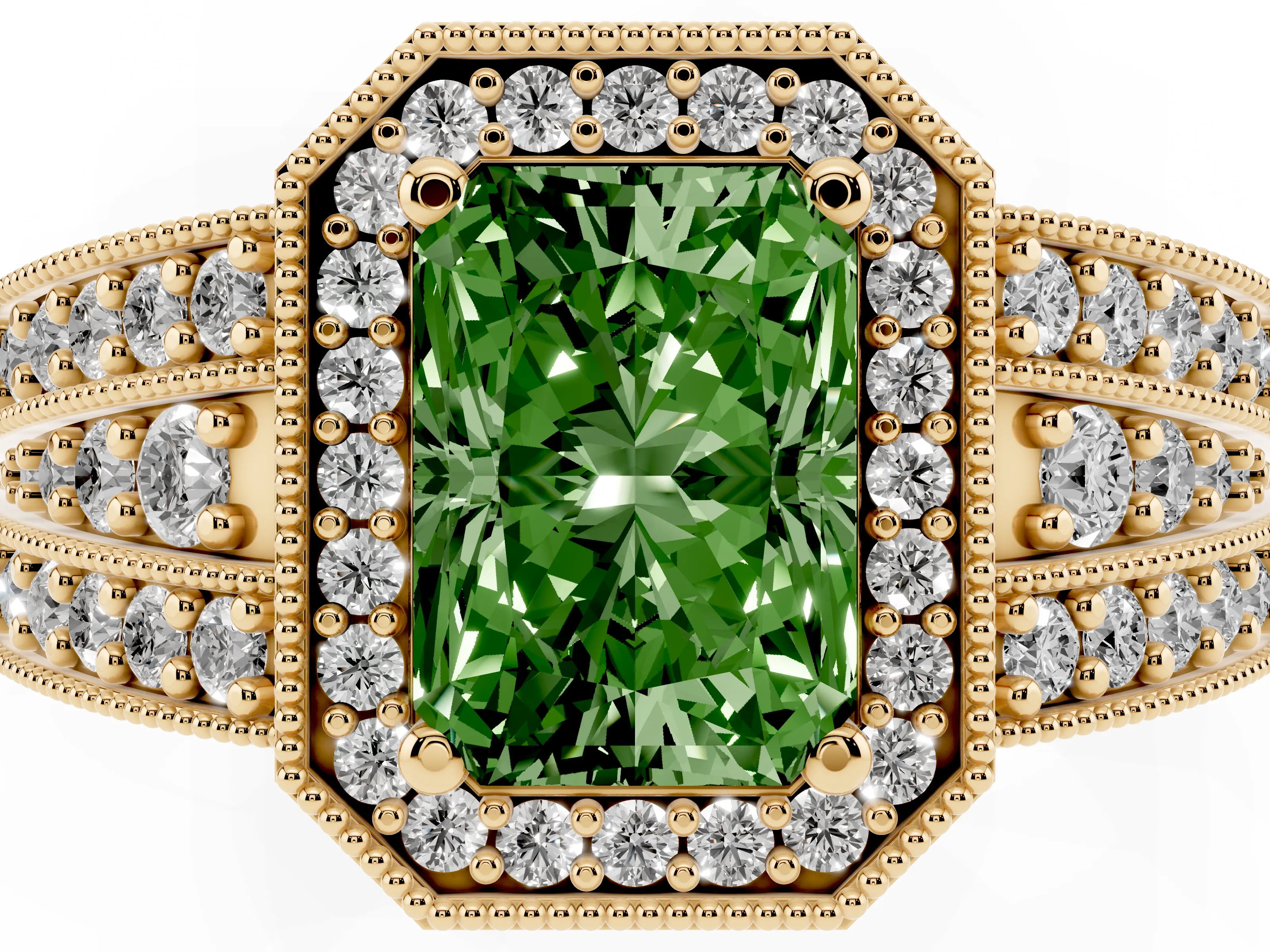 Fancy Green Radiant Cut Diamond Halo Ring Set in Yellow gold with Accent Split Shank and Prong Setting