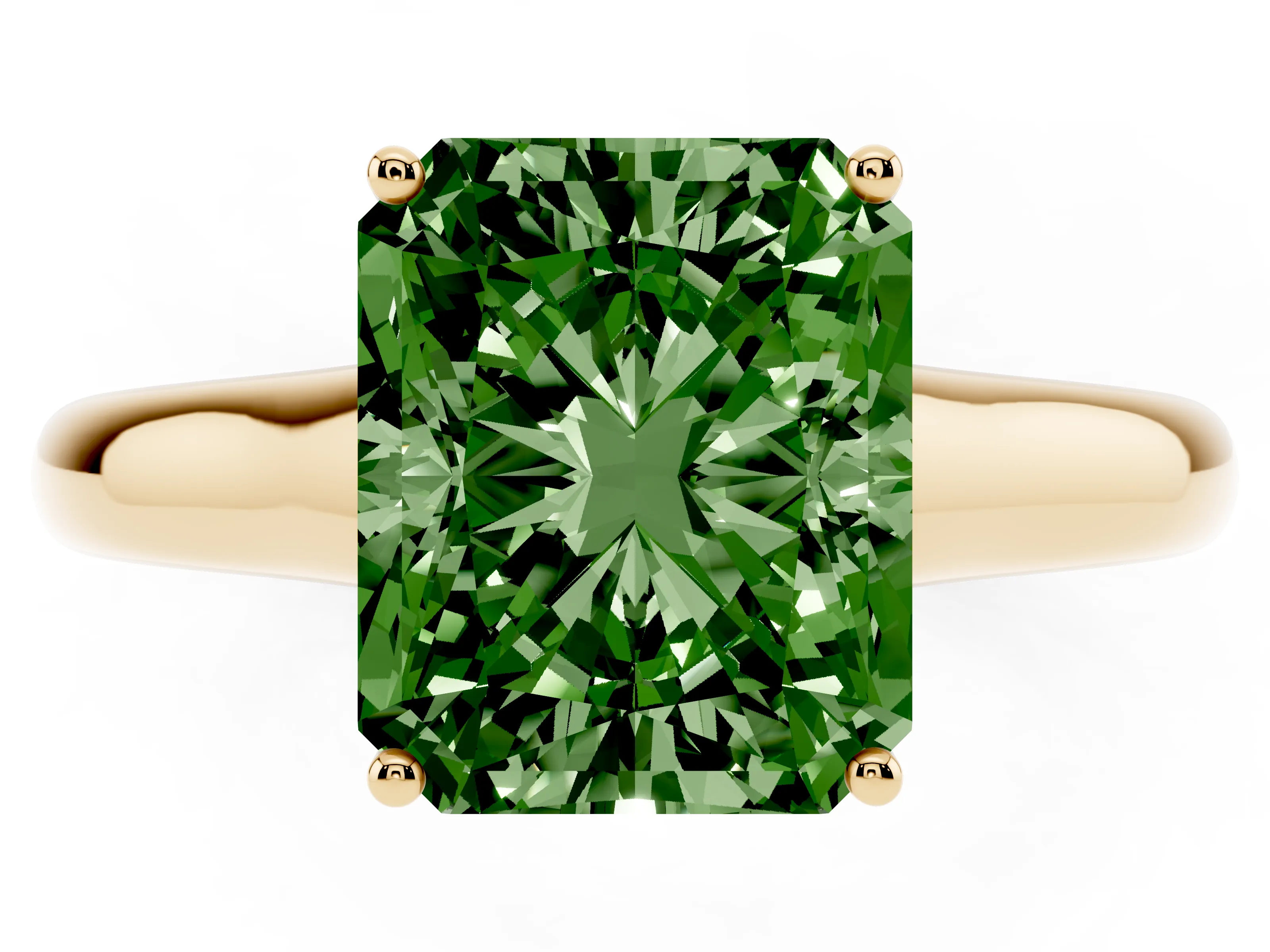 Fancy Green Radiant Cut Diamond Solitaire Engagement Ring Set in Yellow gold with Subtly Tapered Band and Prong Setting
