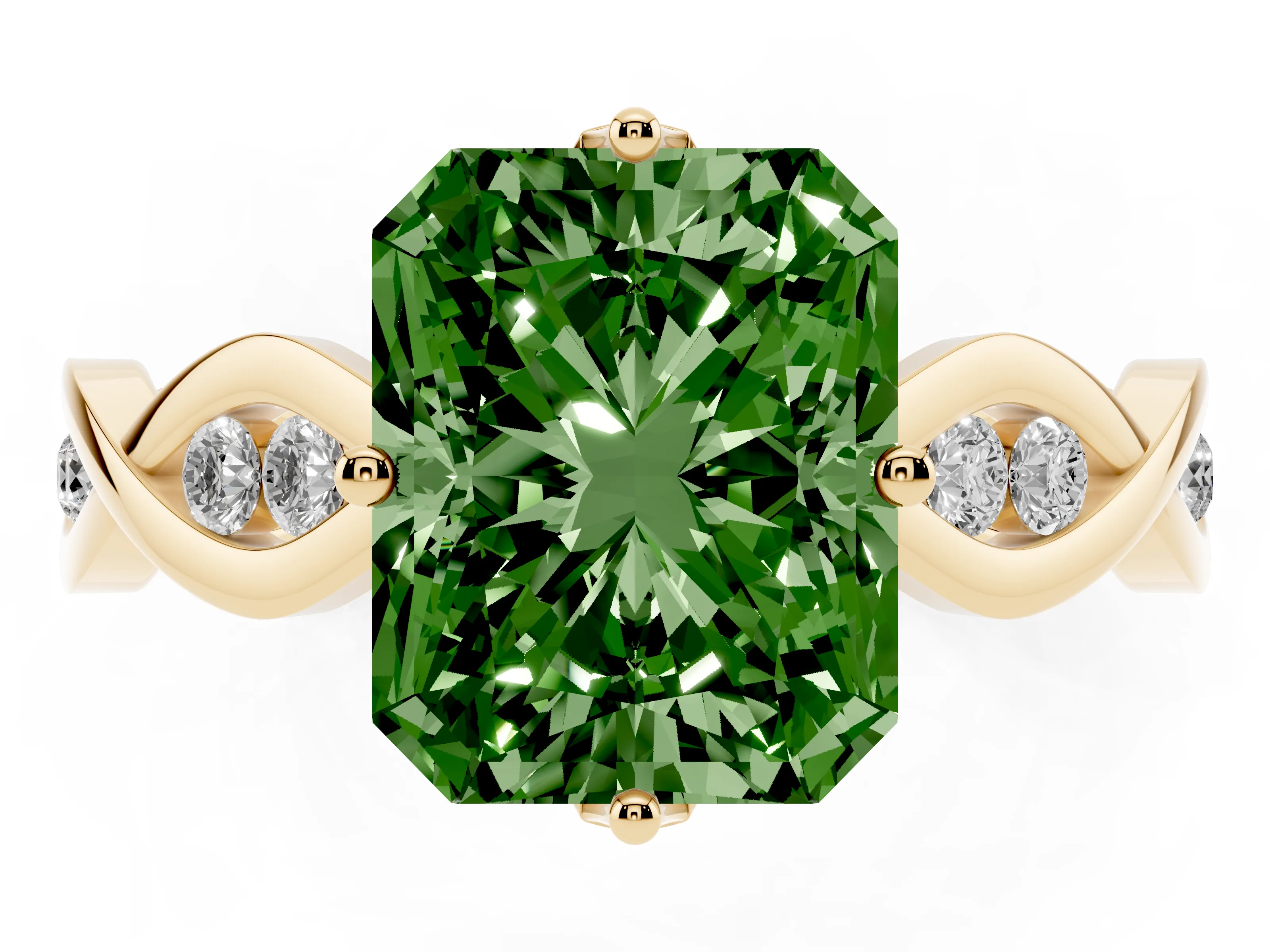 Fancy Green Radiant Cut Diamond Twist Band Solitaire Ring Set in Yellow gold with Leaf Prong Setting and Accent Stones