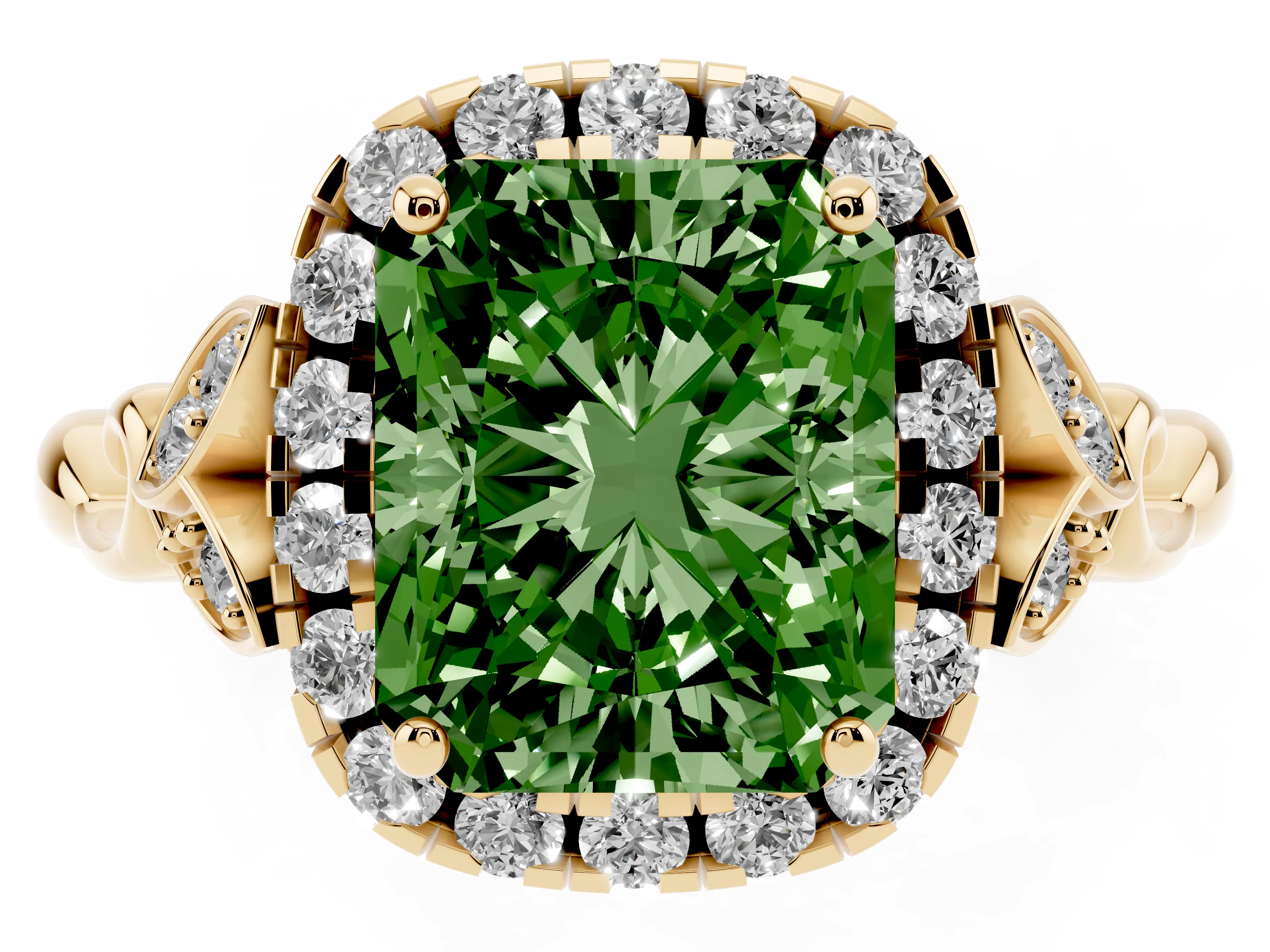 Fancy Green Radiant Cut Diamond Halo Engagement Ring Set in Yellow gold with Vintage-Inspired Band and Prong Setting