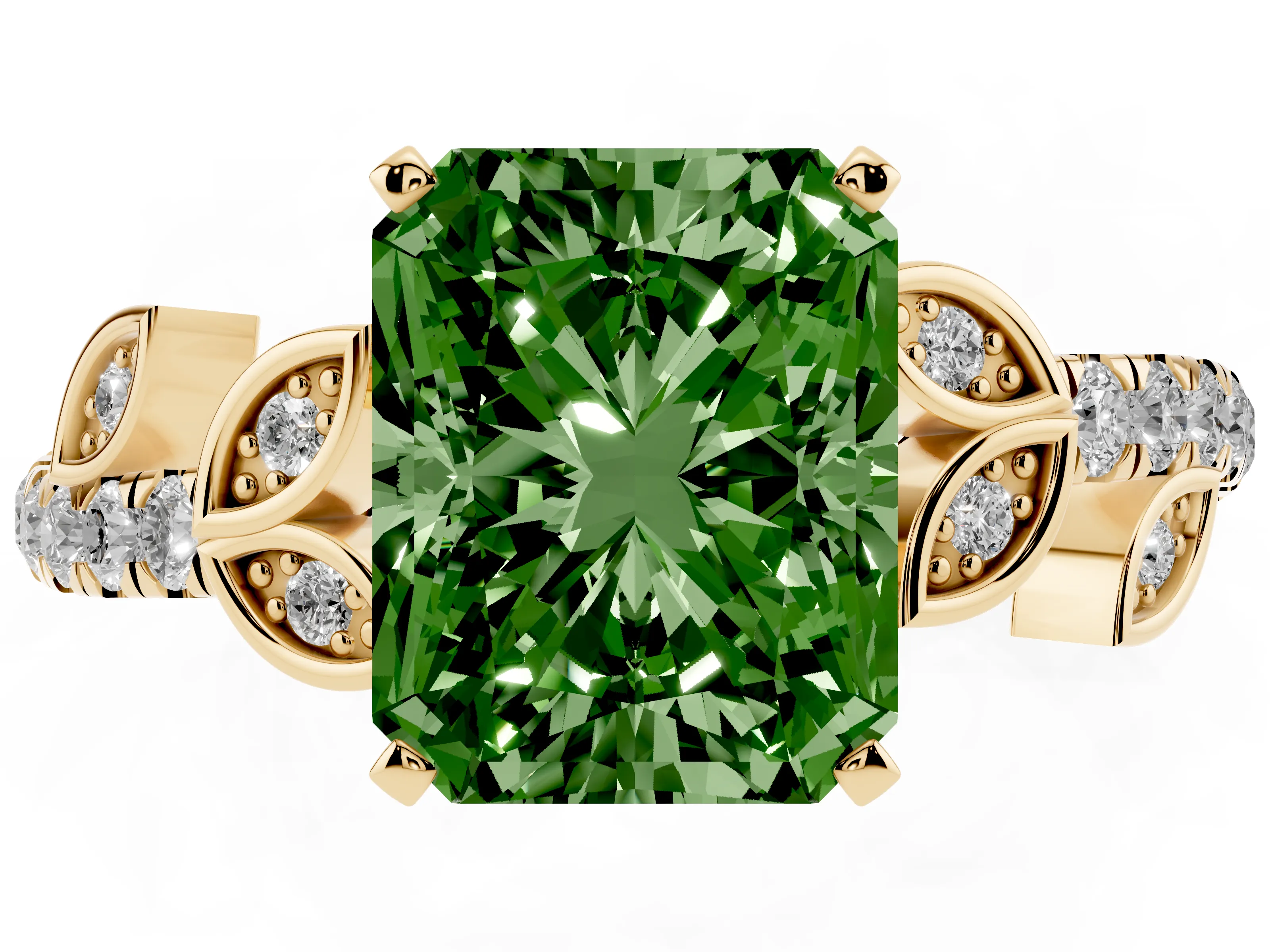 Fancy Green Radiant Cut Diamond Solitaire Leaf-Inspired Ring Set in Yellow gold with Pavé Band and Prong Setting
