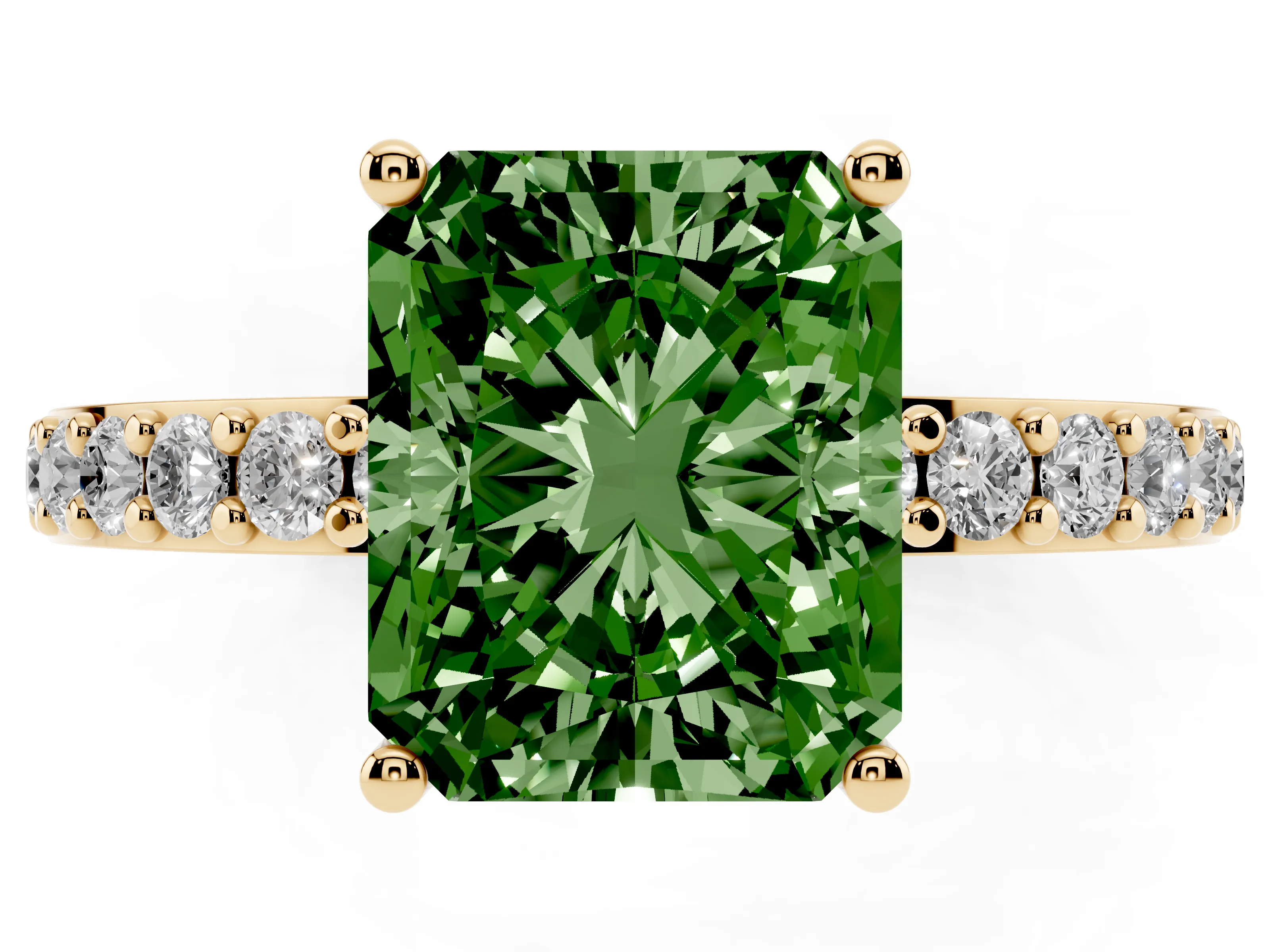 Fancy Green Radiant Cut Diamond Solitaire Set in Yellow gold with Round Pavé Band and Prong Setting