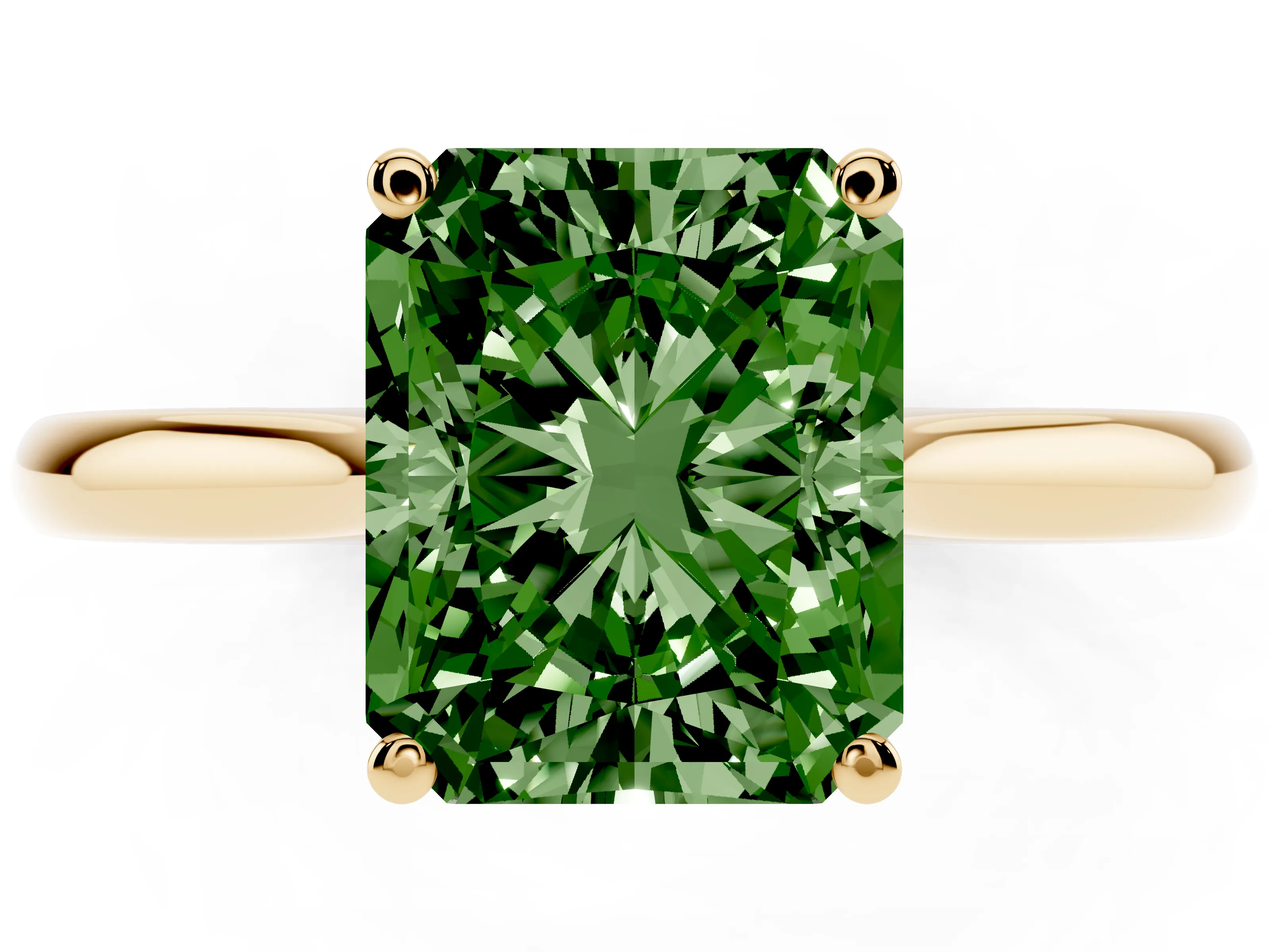 Fancy Green Radiant Cut Diamond Solitaire Ring Set in Yellow gold with Cathedral Band and Prong Setting
