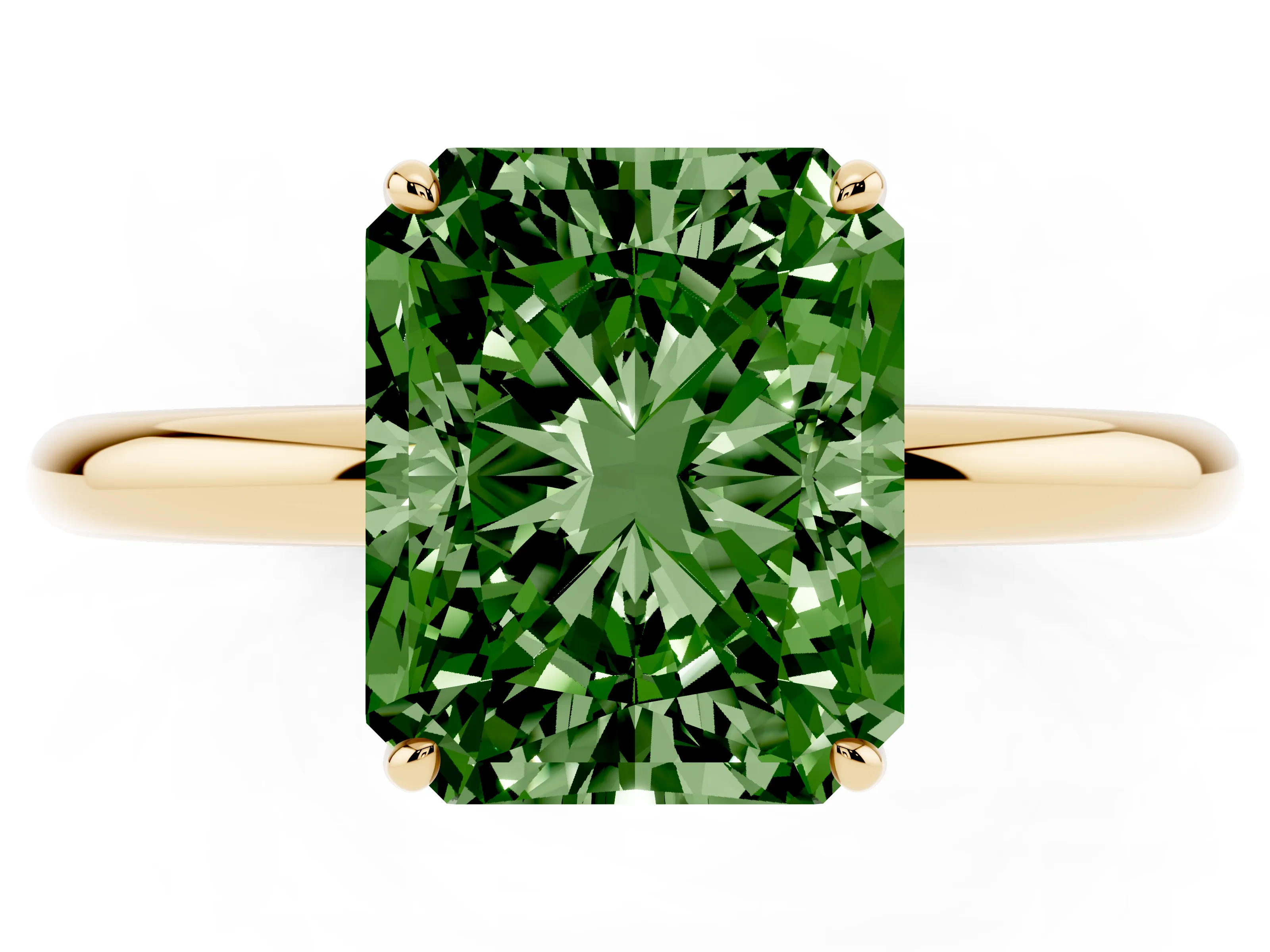 Fancy Green Radiant Cut Diamond Solitaire Ring Set in Yellow gold with Prong Setting on a Polished Plain Band