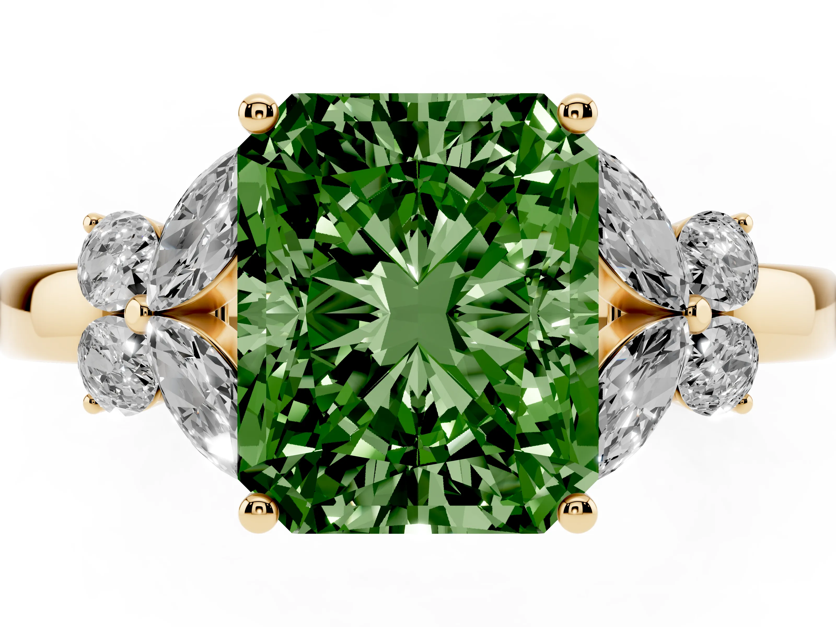 Fancy Green Radiant Cut Diamond Solitaire Floral Ring Set in Yellow gold with Marquise Petals and Prong Setting