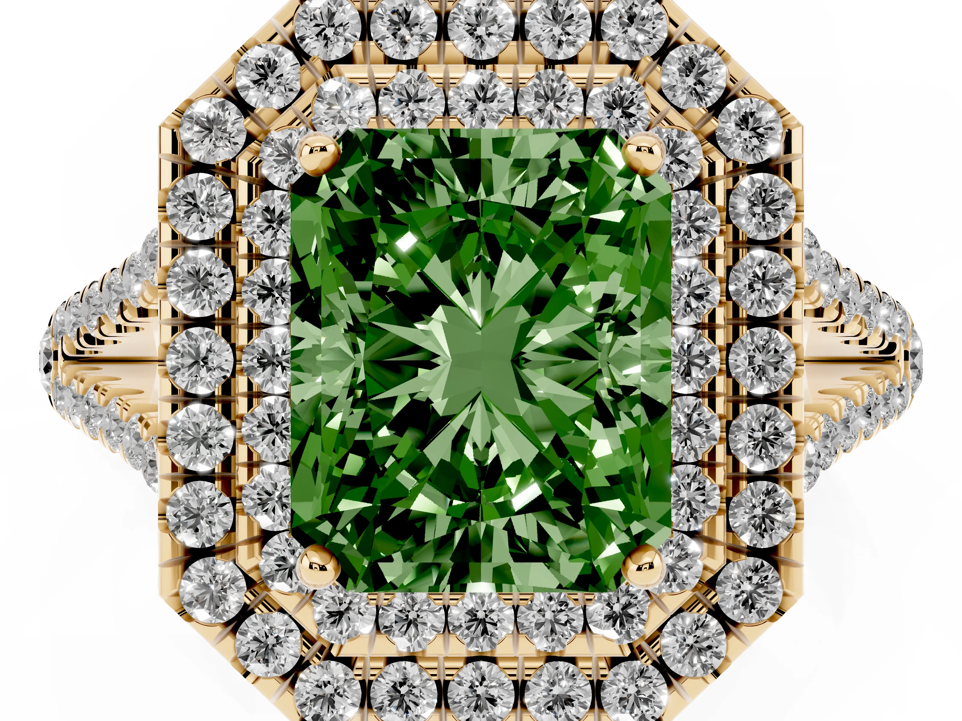 Fancy Green Radiant Cut Diamond Double Halo Ring Set in Yellow gold with Pavé Band