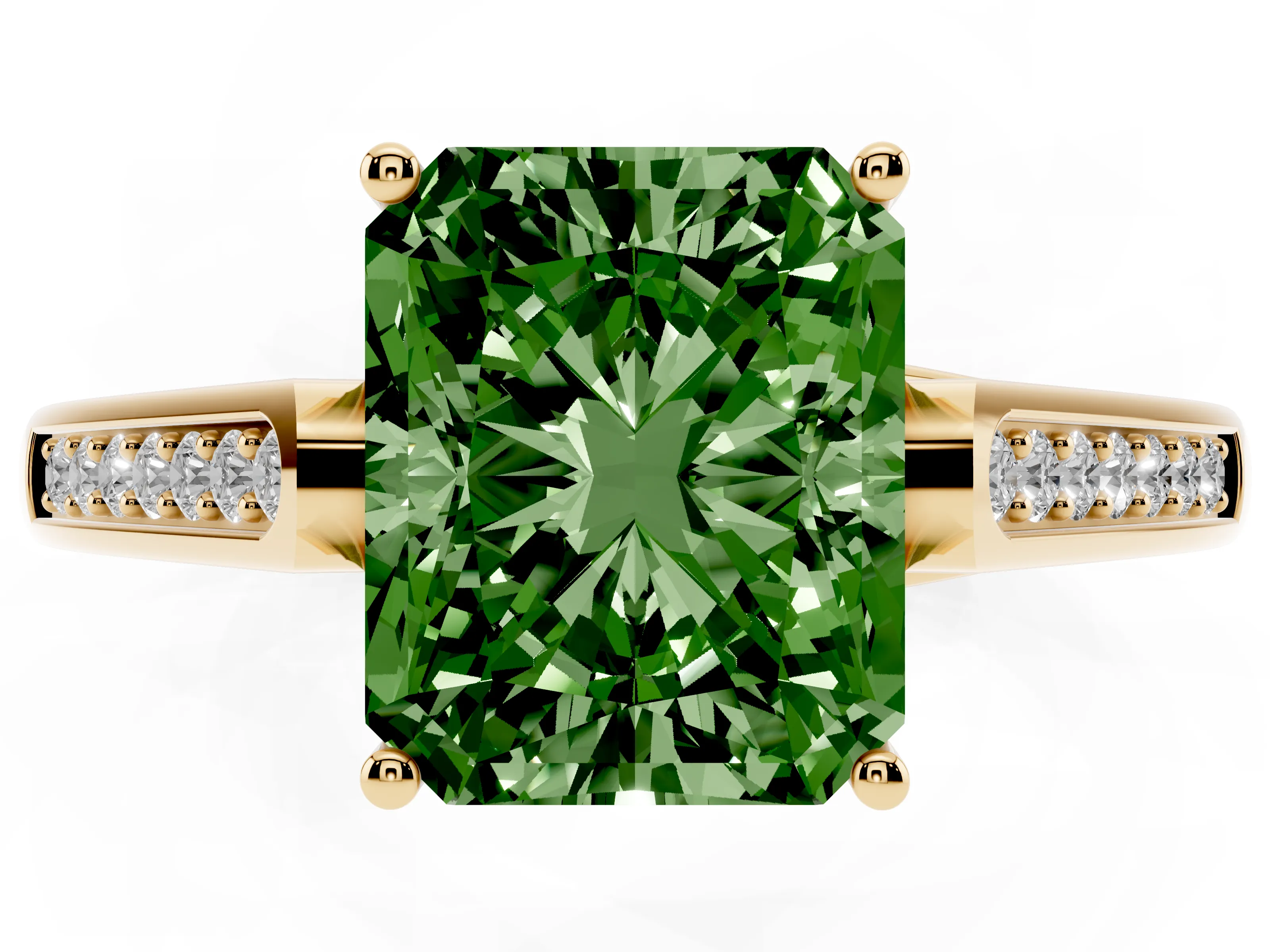 Fancy Green Radiant Cut Diamond Solitaire Cathedral Engagement Ring Set in Yellow gold with Channel-Set Band and Prong Setting