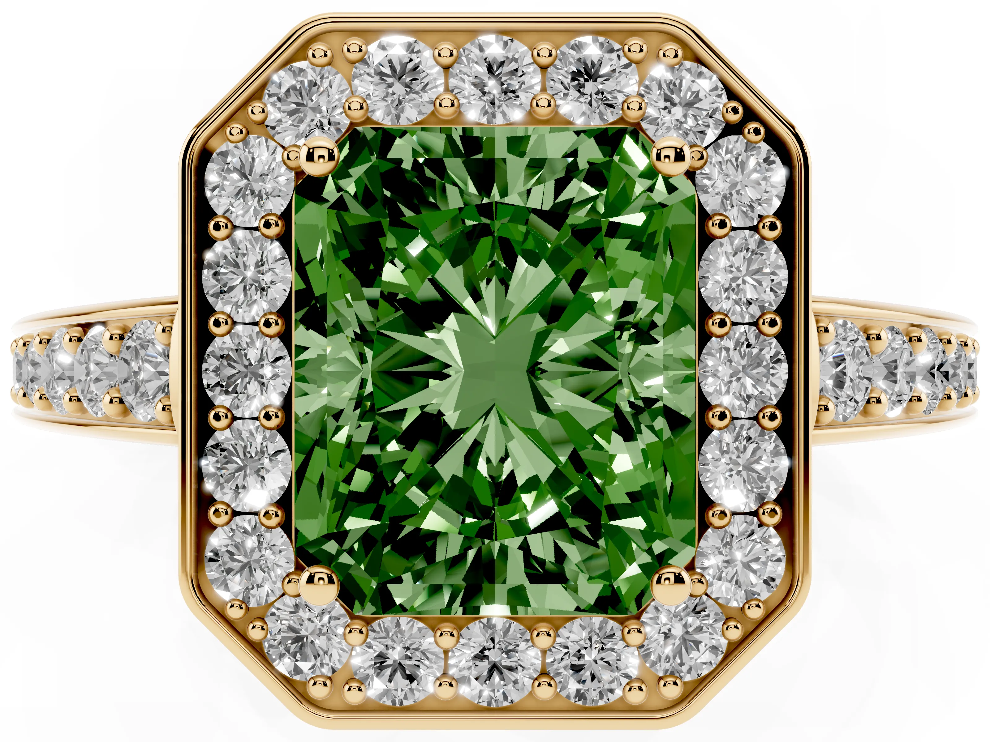 Fancy Green Radiant Cut Diamond Halo Pavé Engagement Ring Set in Yellow gold with Bezel Setting