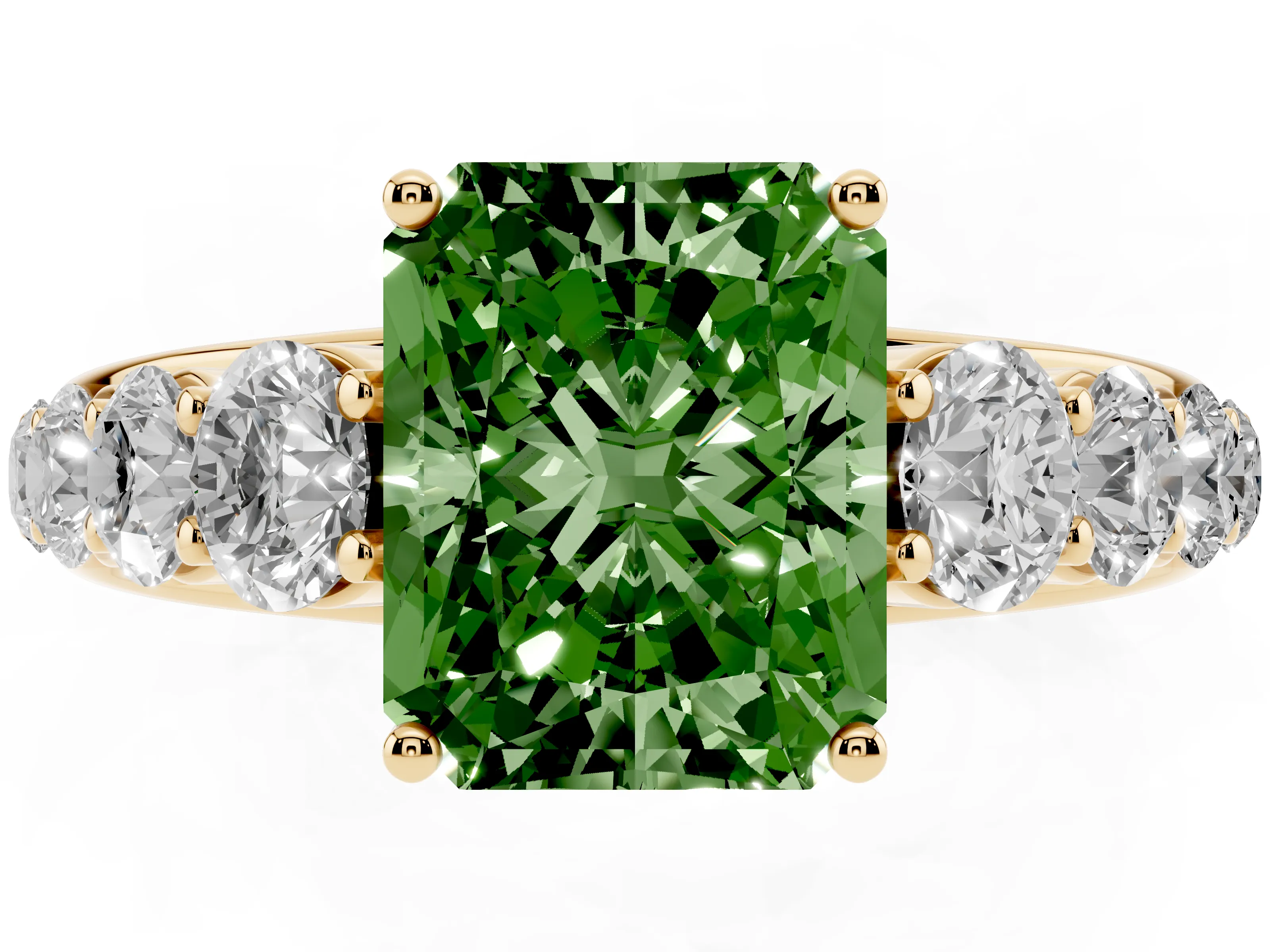 Fancy Green Radiant Cut Diamond Solitaire Ring Set in Yellow gold with Pavé-Set Band and Prong Setting