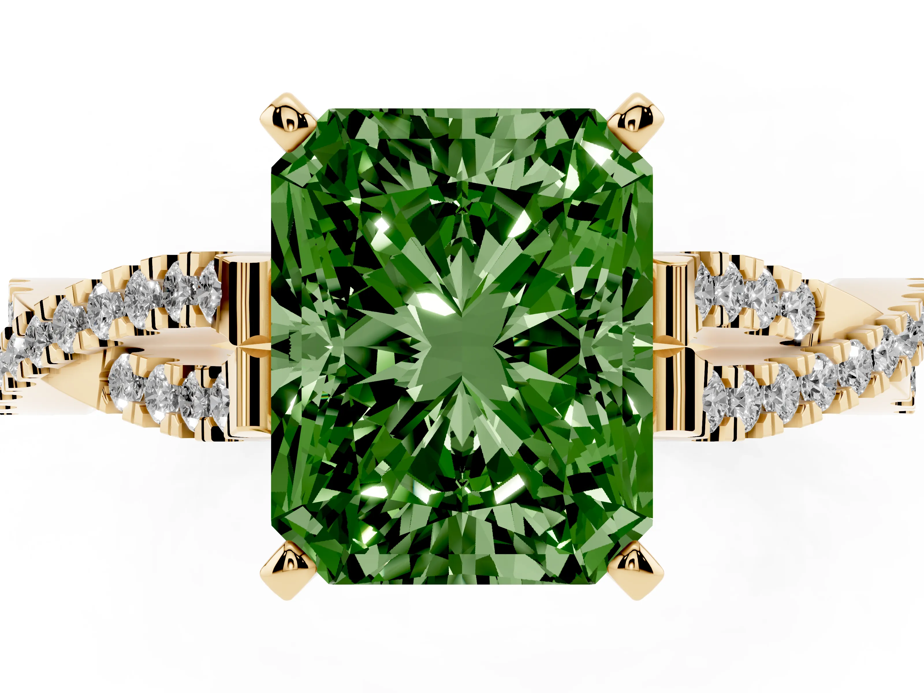 Fancy Green Radiant Cut Diamond Solitaire Engagement Ring Set in Yellow gold with Twisted Pavé Band and Prong Setting