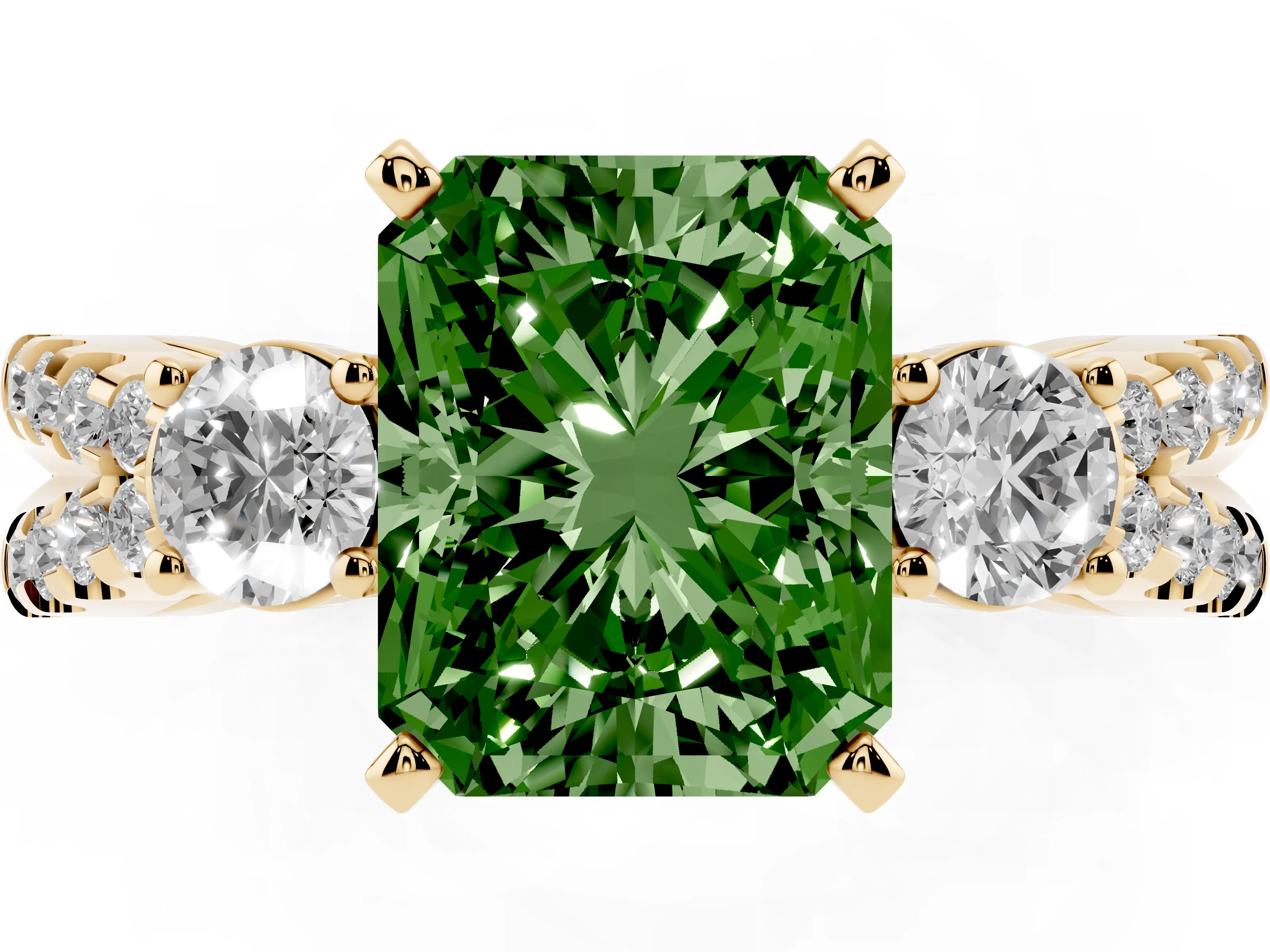 Fancy Green Radiant Cut Diamond Three-Stone Ring Set in Yellow gold with Pavé Split Shank and Prong Setting