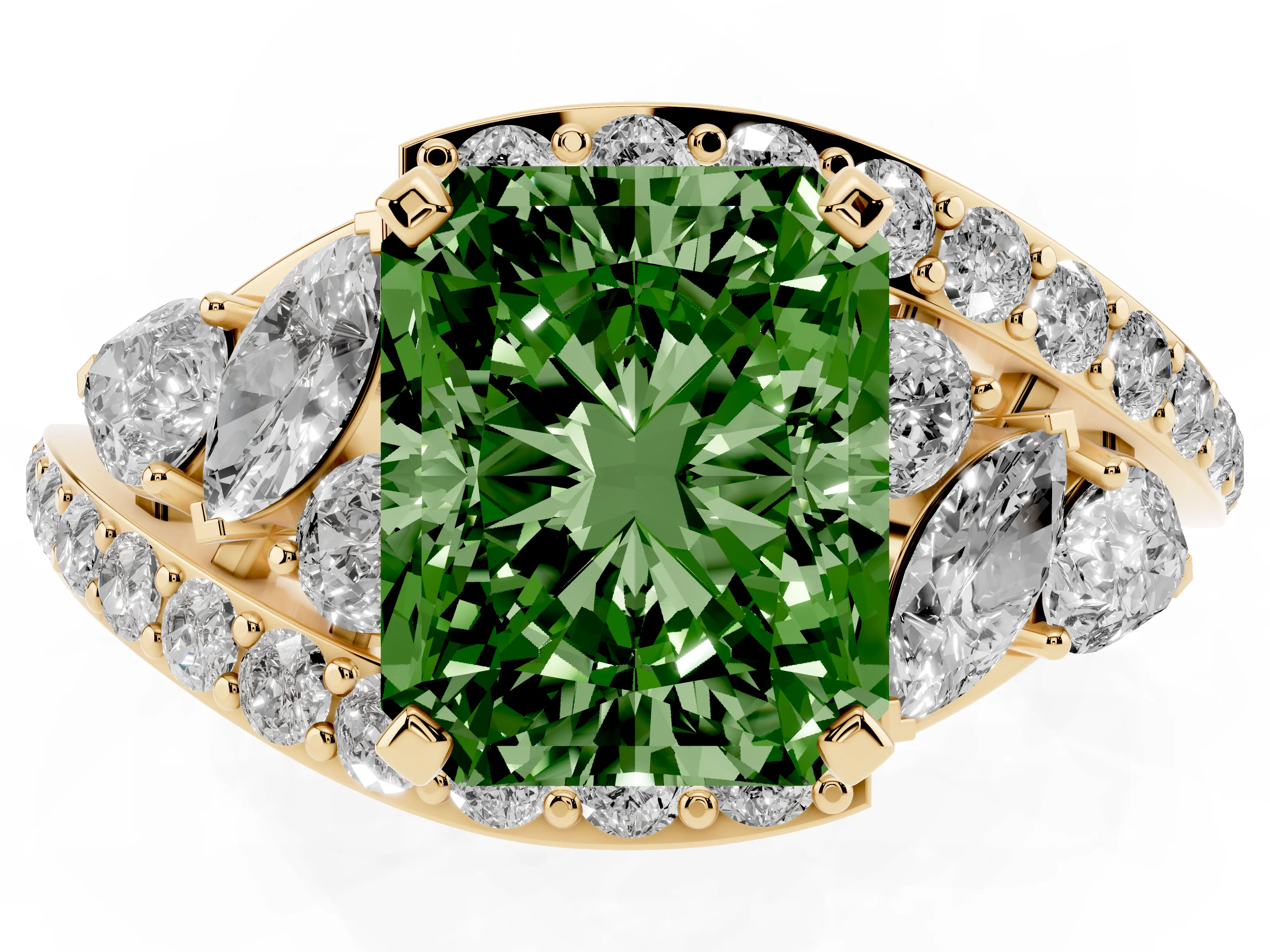 Fancy Green Radiant Cut Diamond Halo Ring Set in Yellow gold with Marquise and Pavé Band in Prong Setting