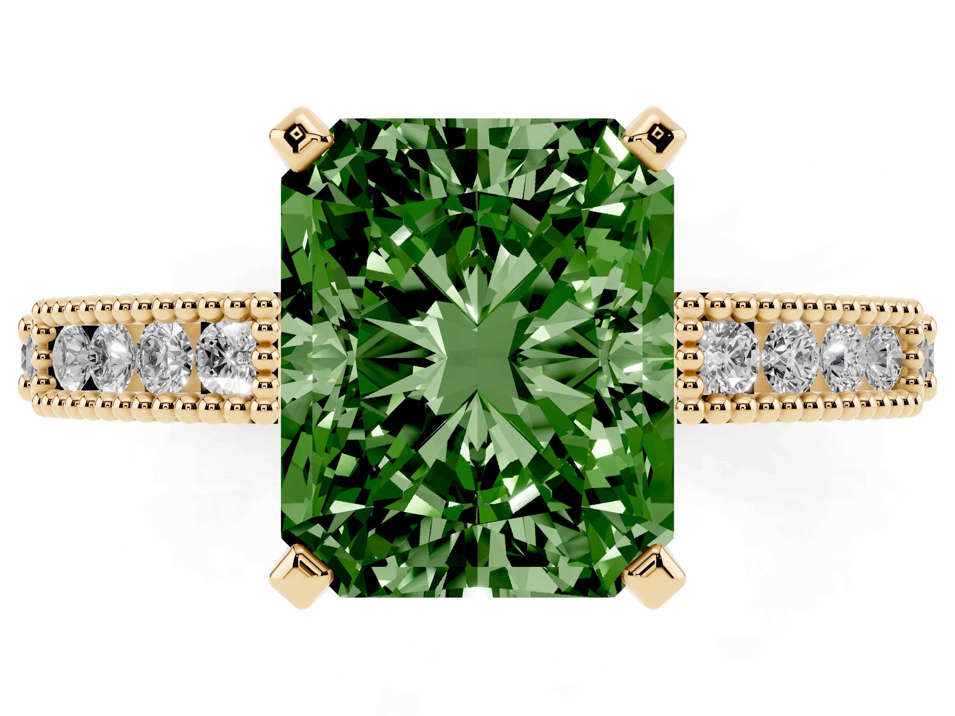 Fancy Green Radiant Cut Diamond Solitaire Ring Set in Yellow gold with Slim Pavé Band and Prong Setting