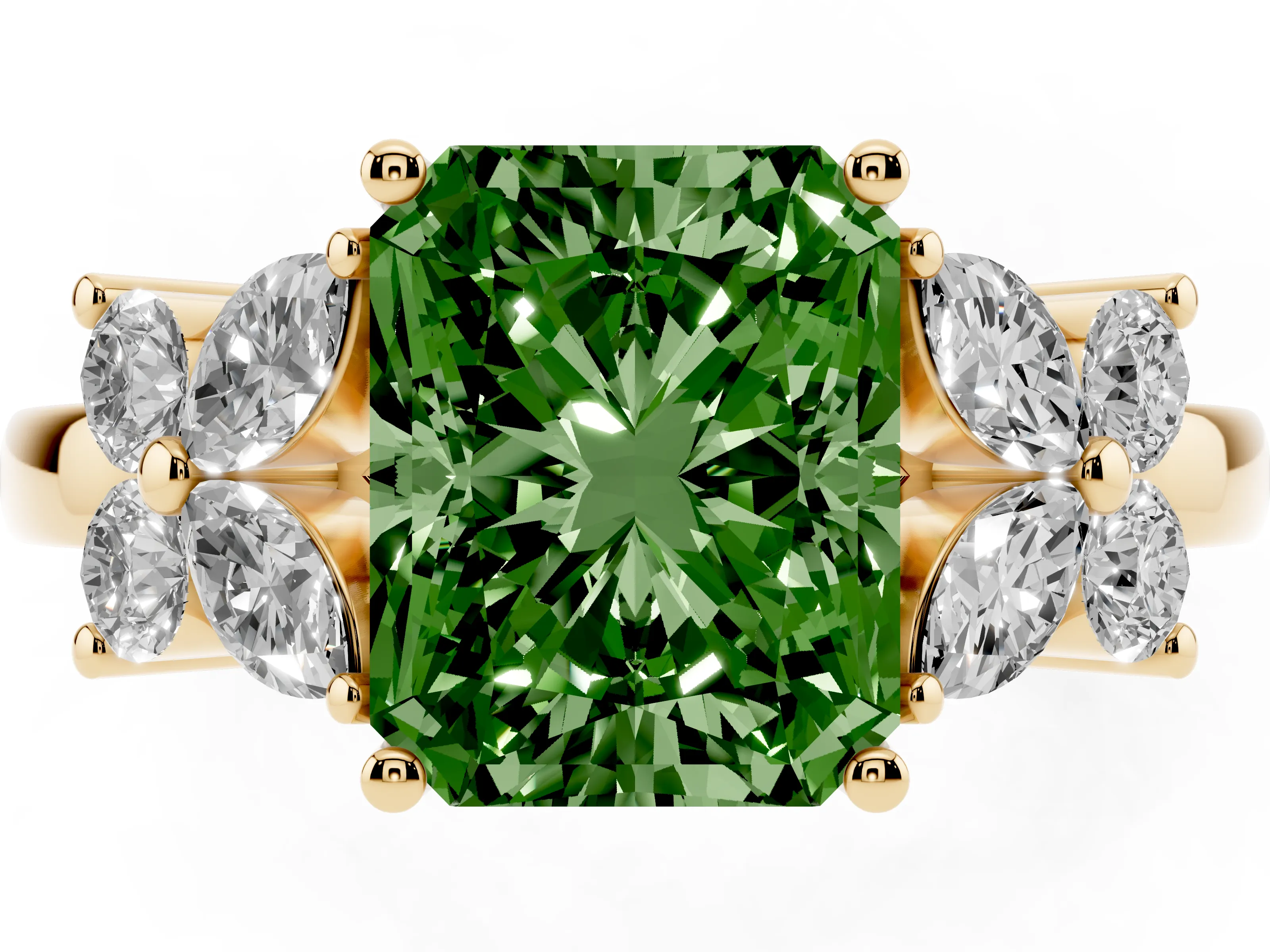 Fancy Green Radiant Cut Diamond Floral Cluster Ring Set in Yellow gold with Marquise Petals and Prong Setting