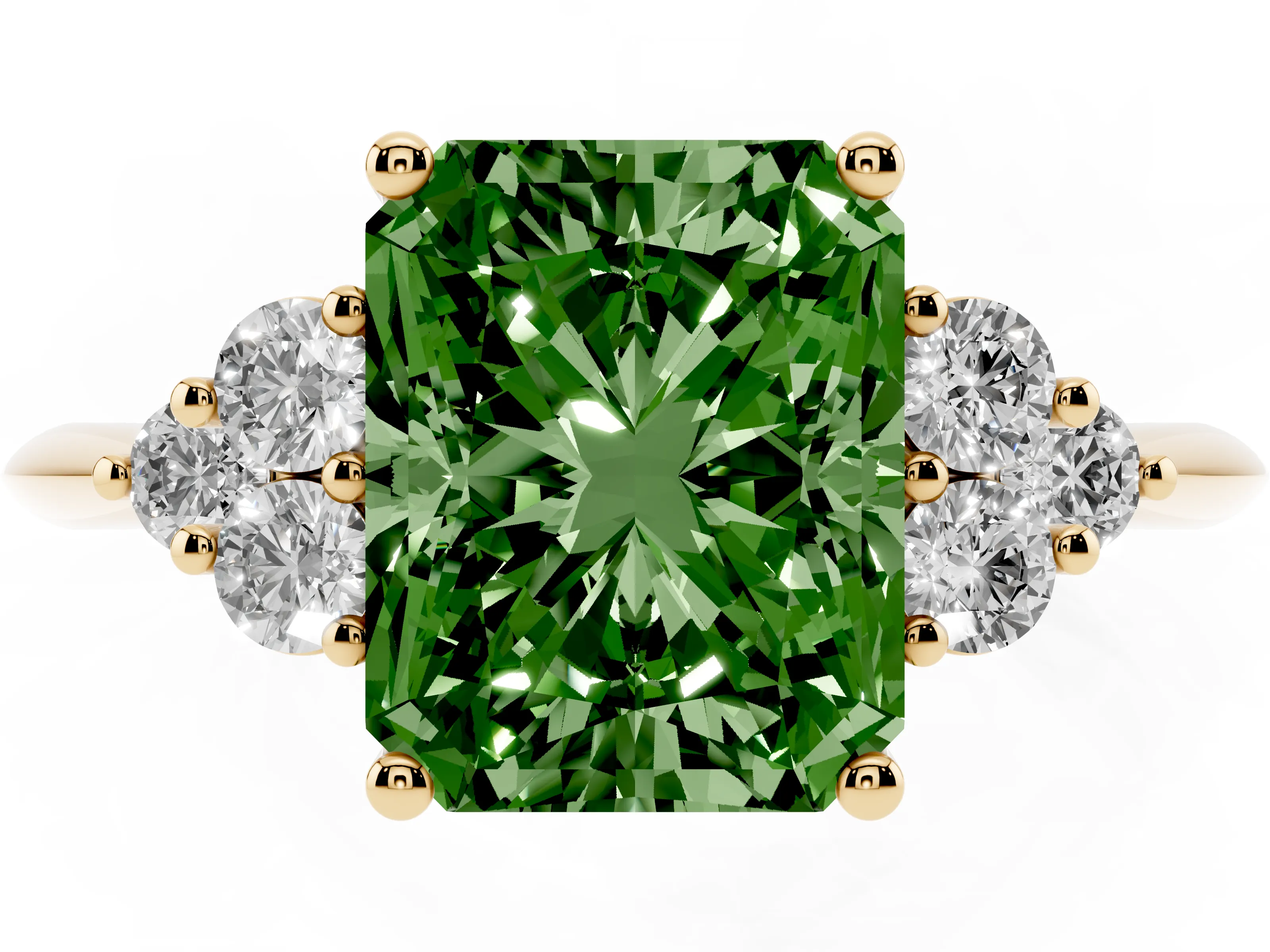 Fancy Green Radiant Cut Diamond Cluster Ring Set in Yellow gold with Plain Band and Prong Setting