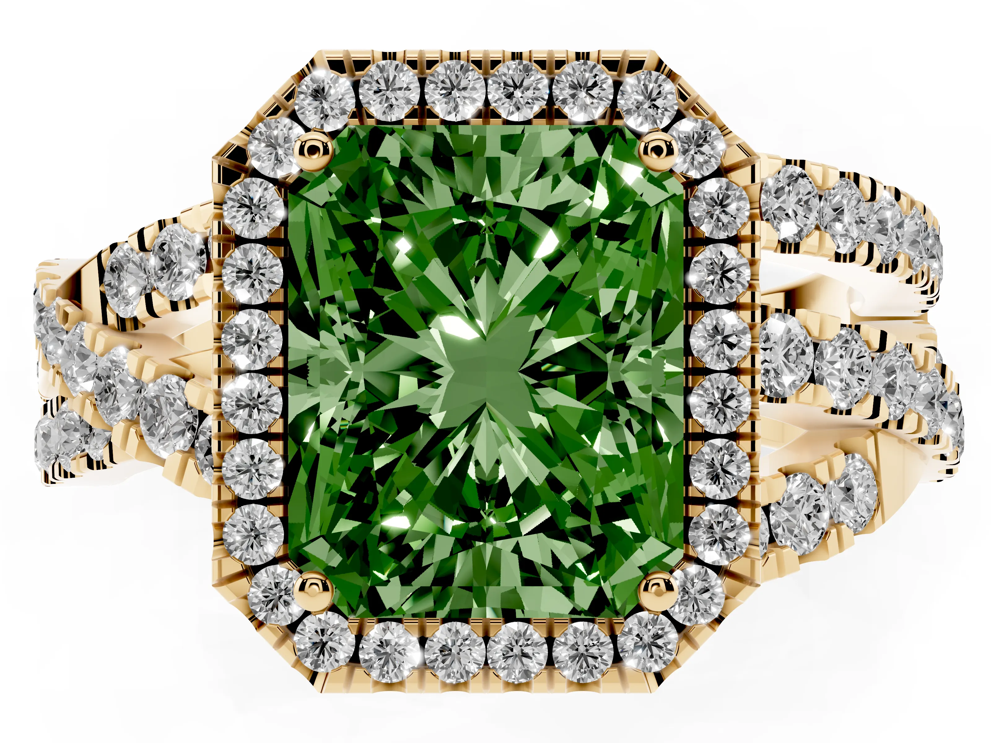 Fancy Green Radiant Cut Diamond Halo Ring Set in Yellow gold with Round Crossover Split Shank and Prong Setting