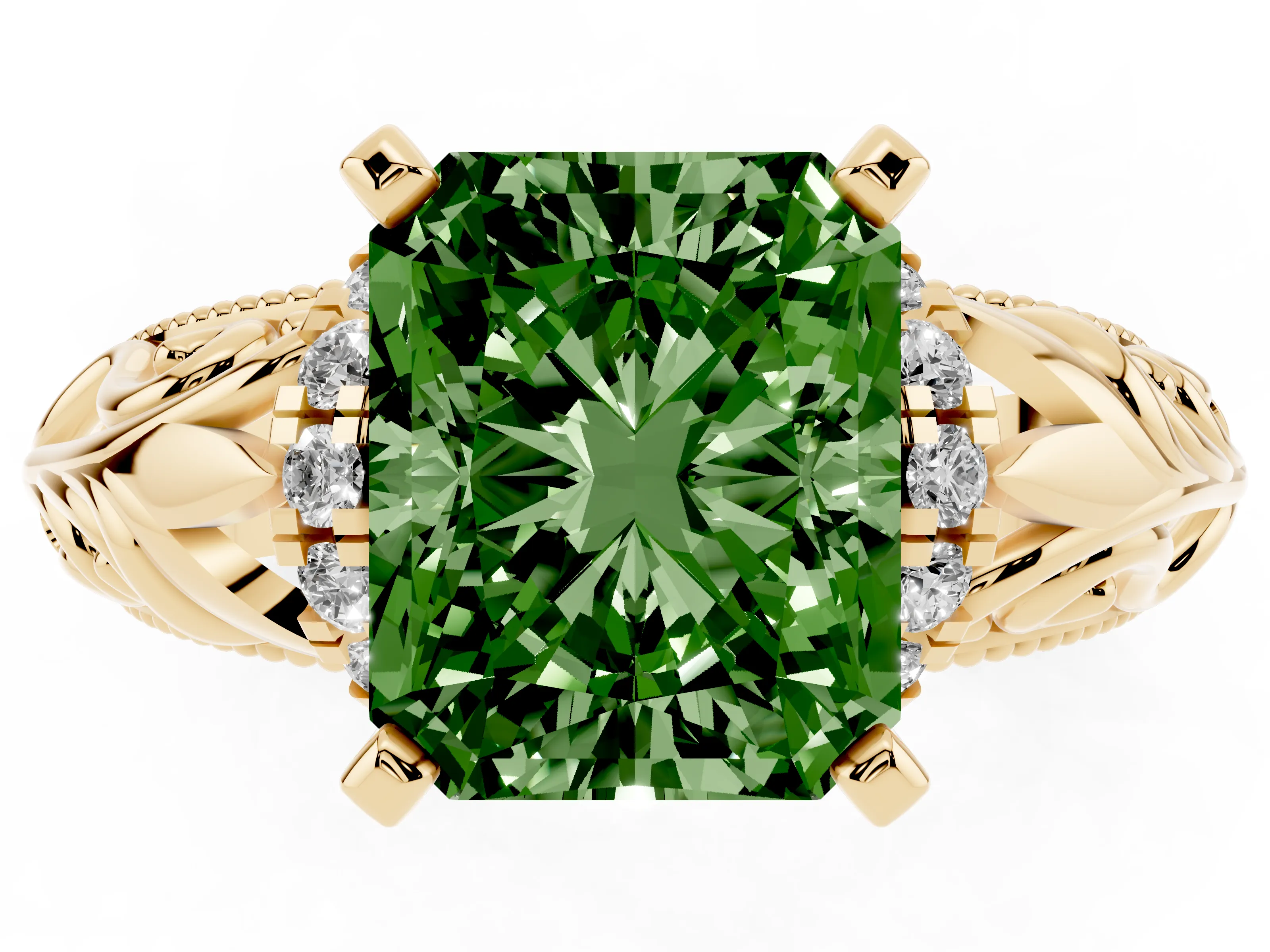 Fancy Green Radiant Cut Diamond Filigree Halo Engagement Ring Set in Yellow gold with Prong Setting
