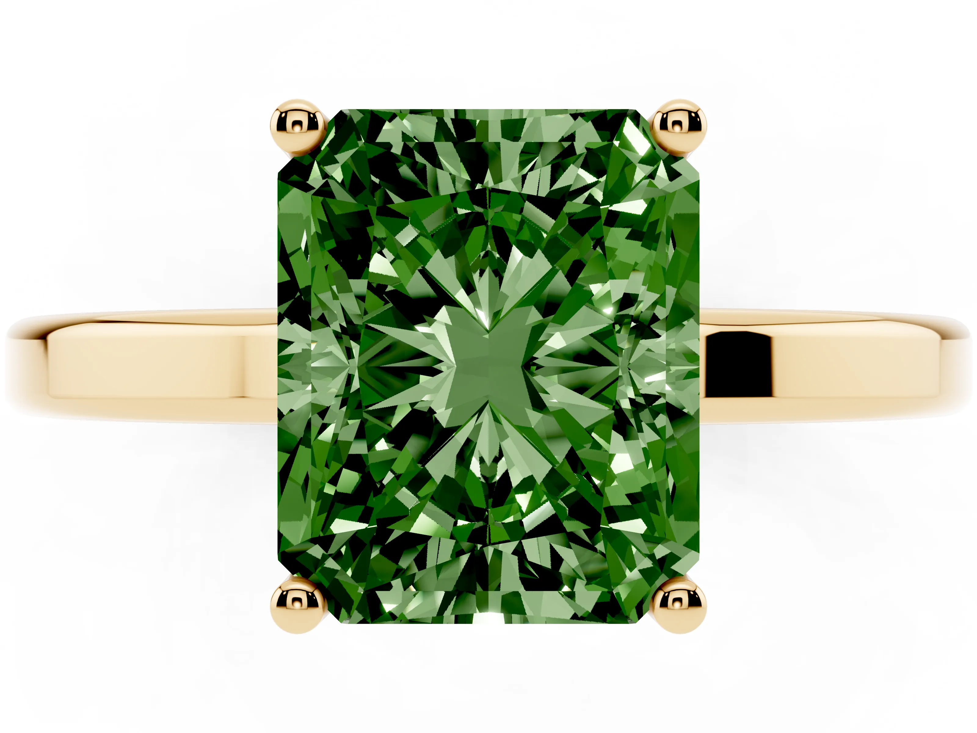 Fancy Green Radiant Cut Diamond Solitaire Engagement Ring Set in Yellow gold with Prong Setting on a Plain Band