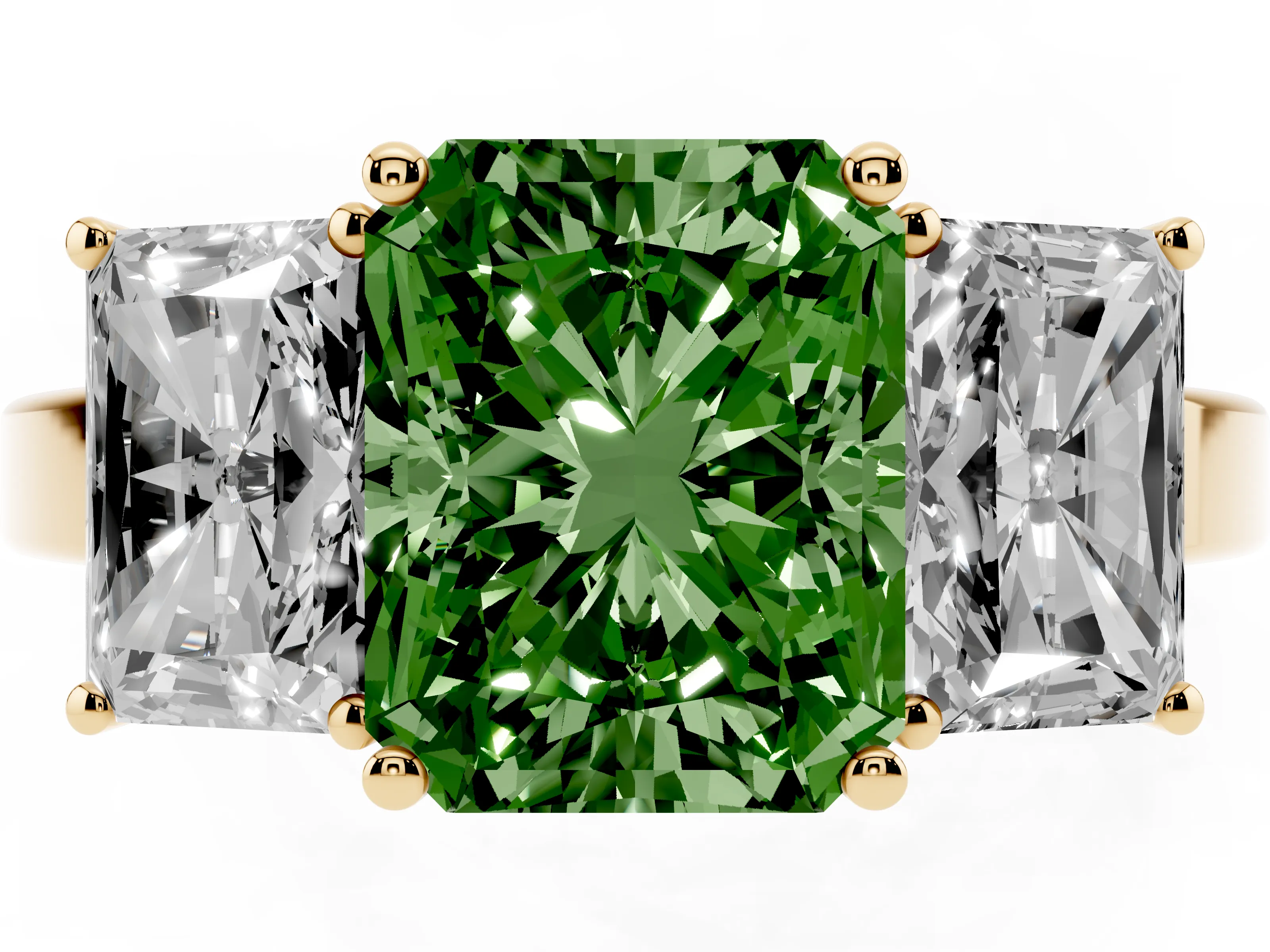 Fancy Green Radiant Cut Diamond Three-Stone Engagement Ring Set in Yellow gold with Flat Band