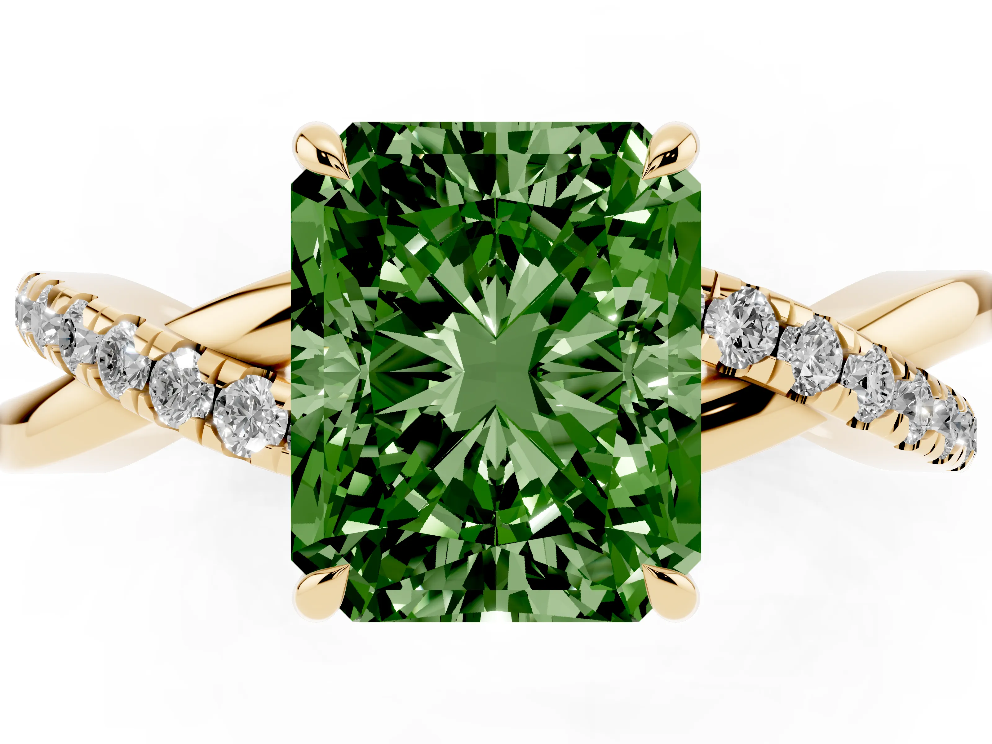 Fancy Green Radiant Cut Diamond Twisted Pavé Band Ring Set in Yellow gold with Prong Setting