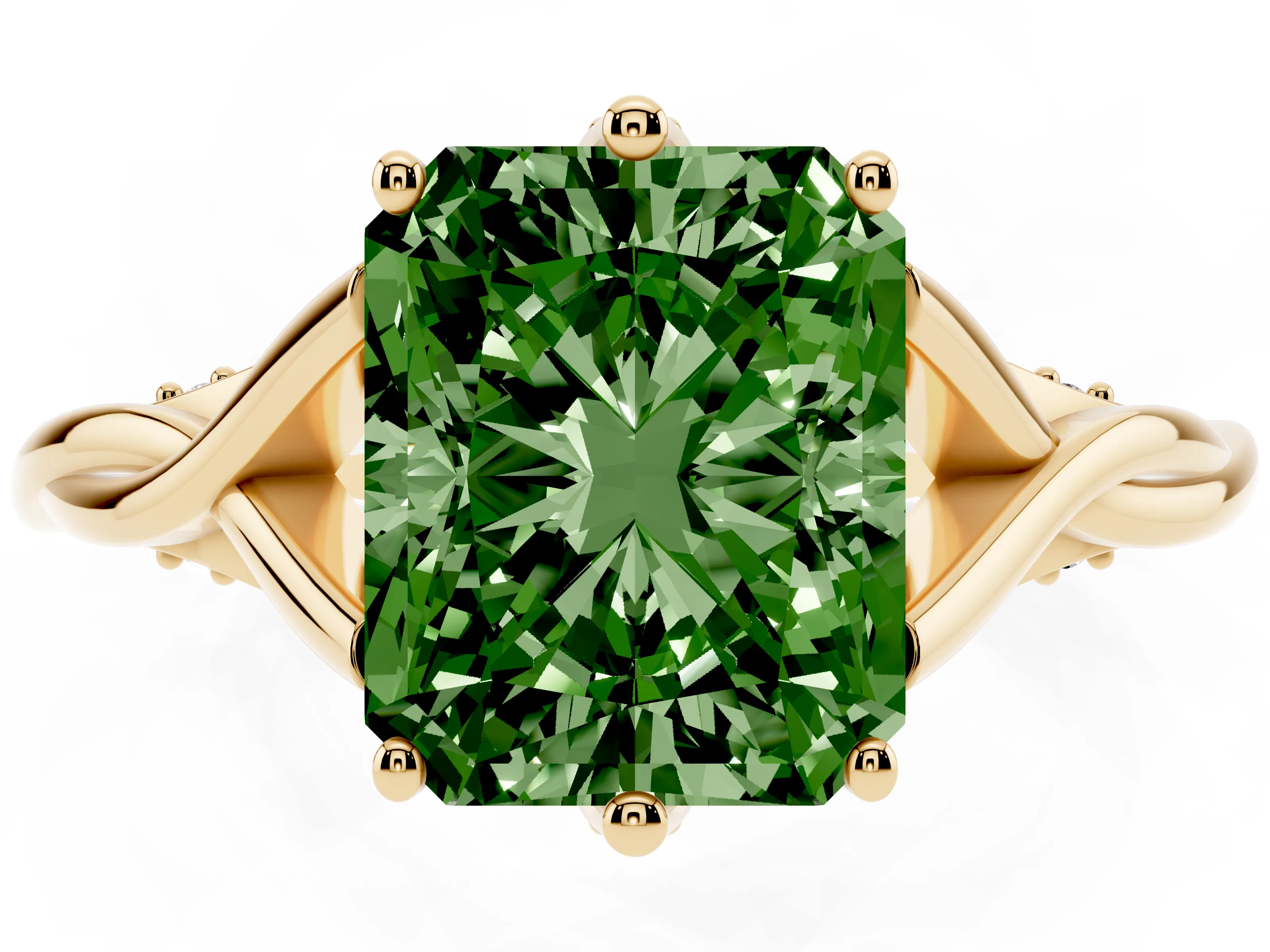 Fancy Green Radiant Cut Diamond Intertwined Twist Band Solitaire Ring Set in Yellow gold with Prong Setting