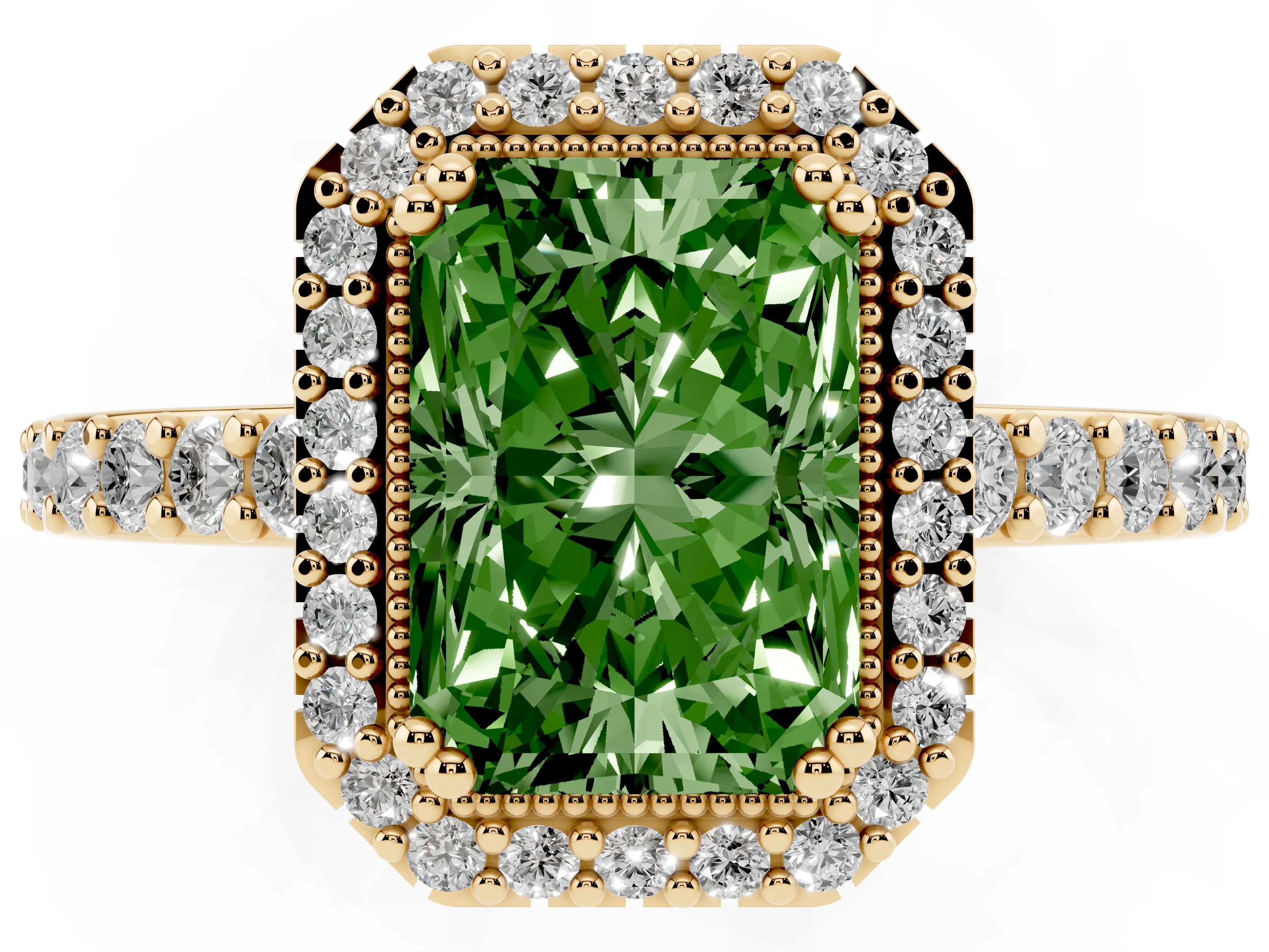 Fancy Green Radiant Cut Diamond Halo Engagement Ring Set in Yellow gold with Milgrain Detail and Pavé Band