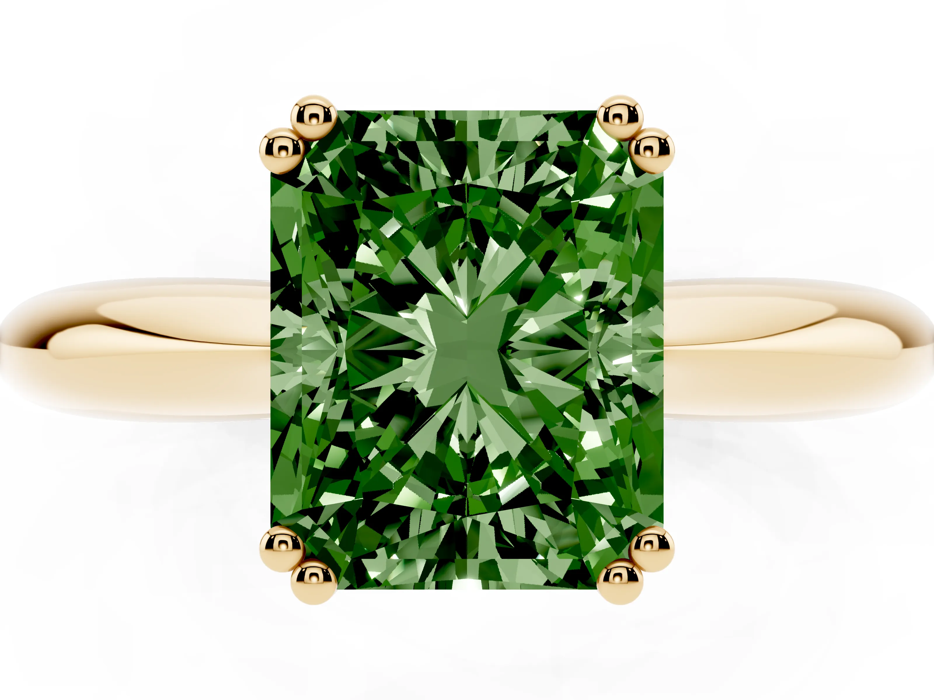 Fancy Green Radiant Cut Diamond Solitaire Engagement Ring Set in Yellow gold with Tapered Band and Prong Setting