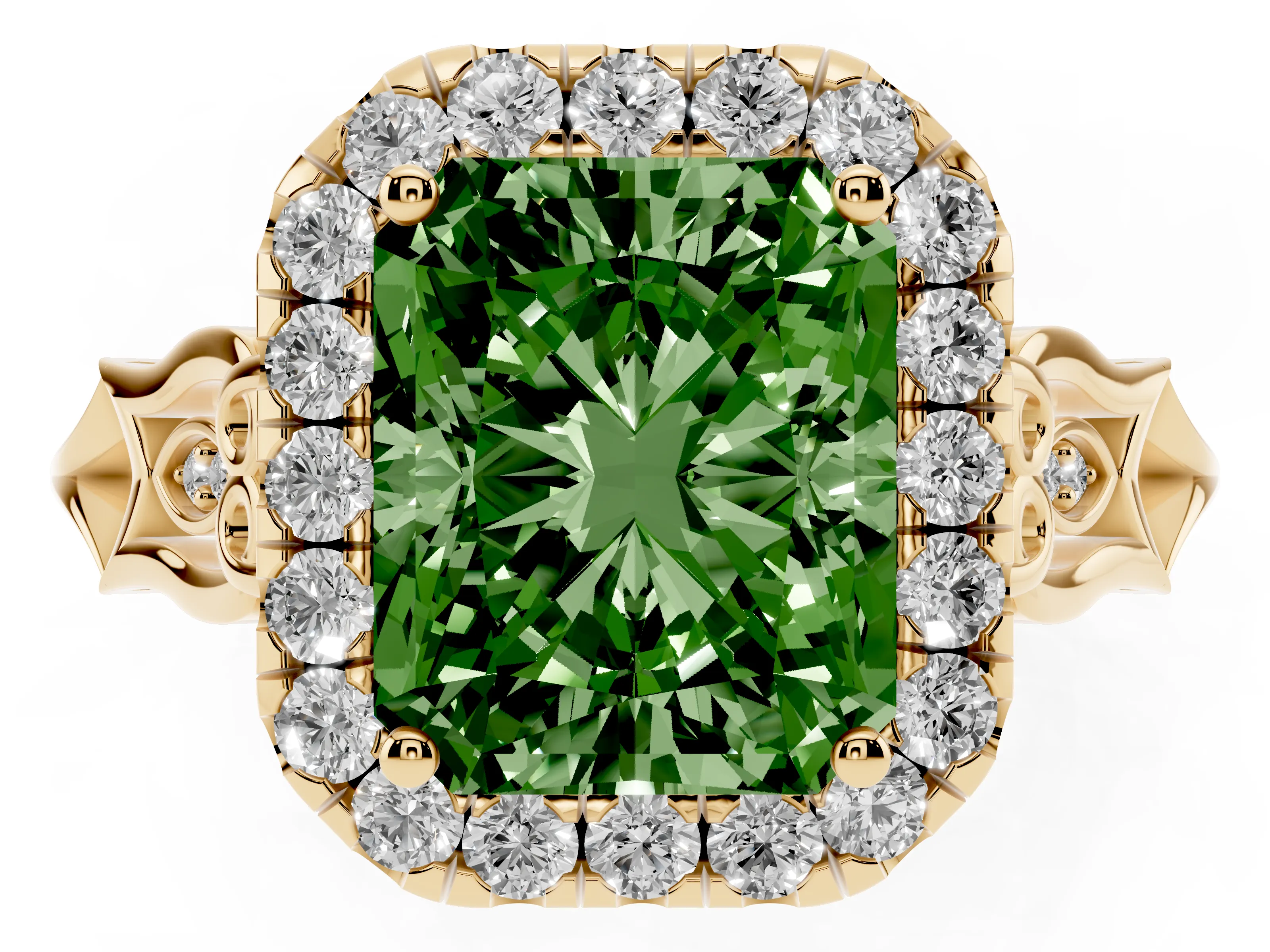 Fancy Green Radiant Cut Diamond Halo Engagement Ring Set in Yellow gold with Filigree Band and Prong-Set Center