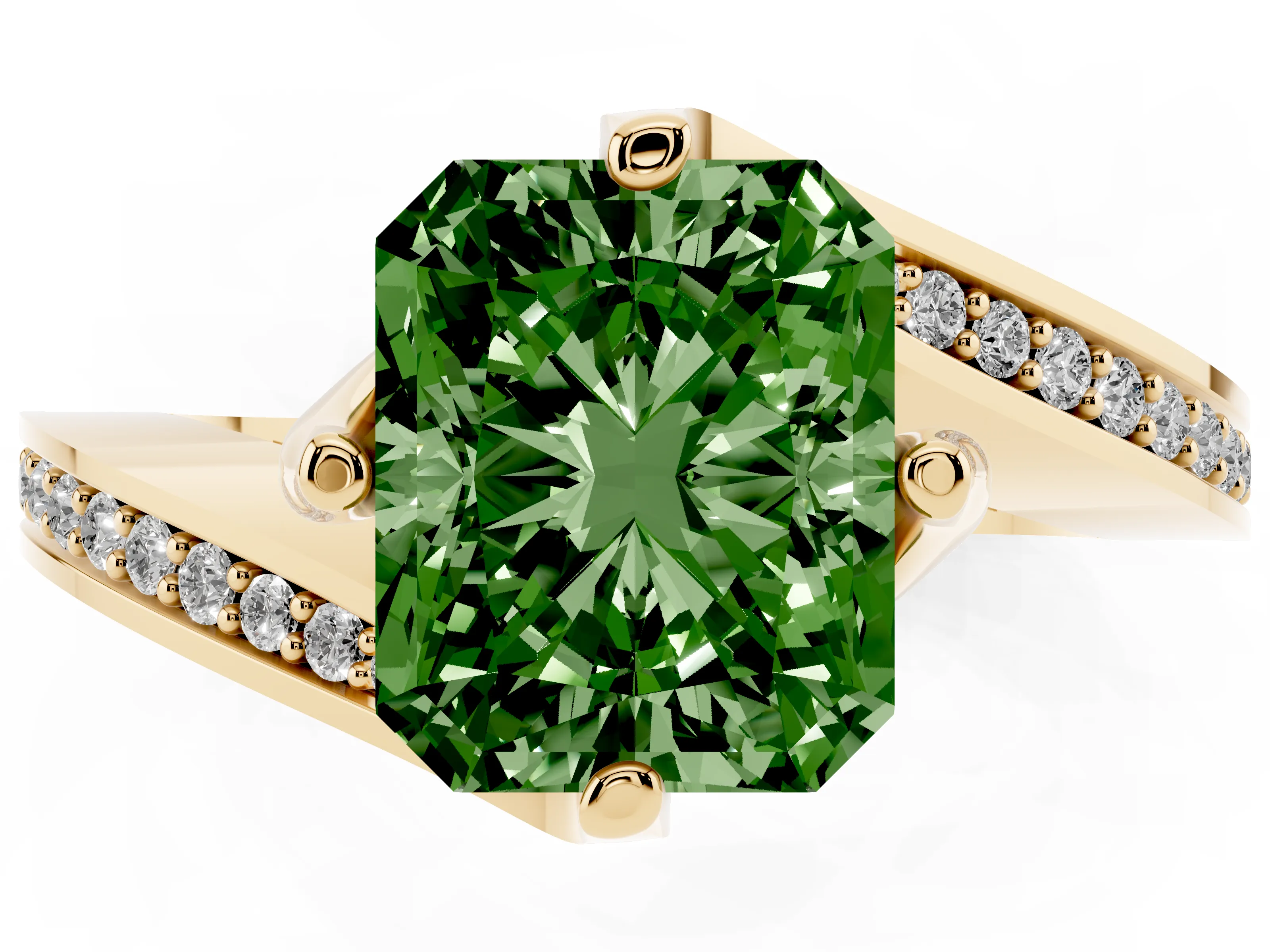 Fancy Green Radiant Cut Diamond Solitaire Ring Set in Yellow gold with Intertwined Pavé Twist Band
