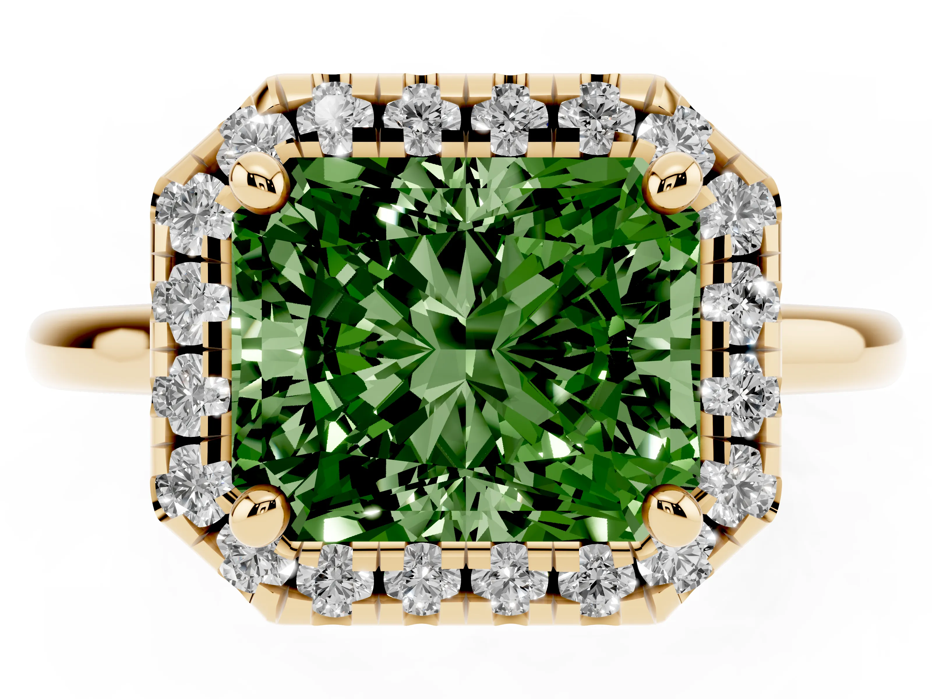 Fancy Green Radiant Cut Diamond Halo Engagement Ring Set in Yellow gold with Pavé Band and Rising Shoulders