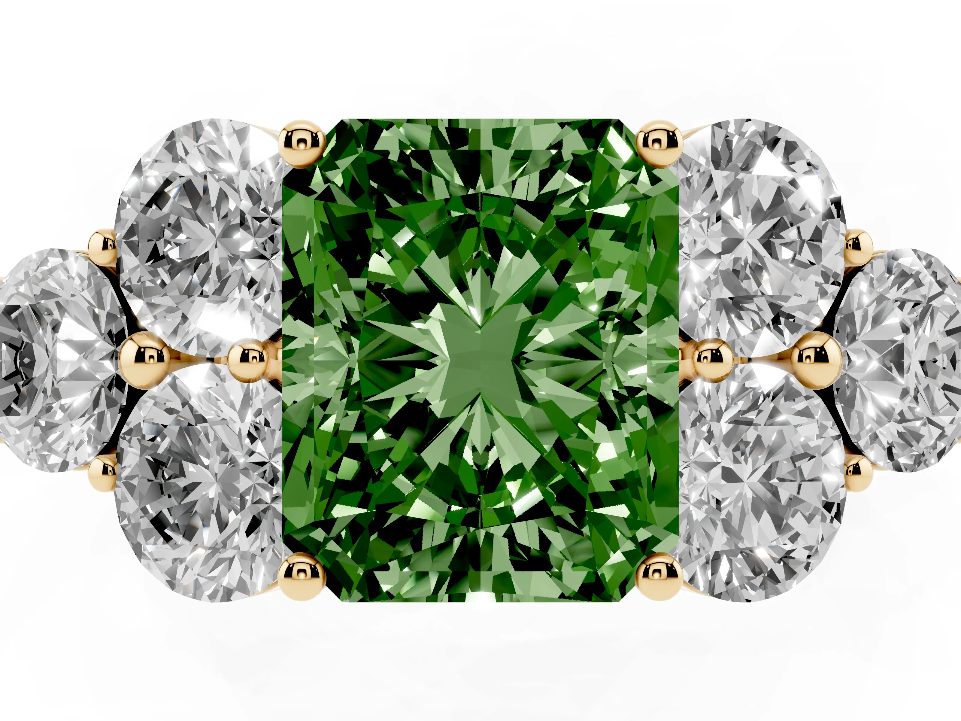 Fancy Green Radiant Cut Diamond Cluster Ring Set in Yellow gold with Round Accent Stones and Prong Setting on a Plain Band
