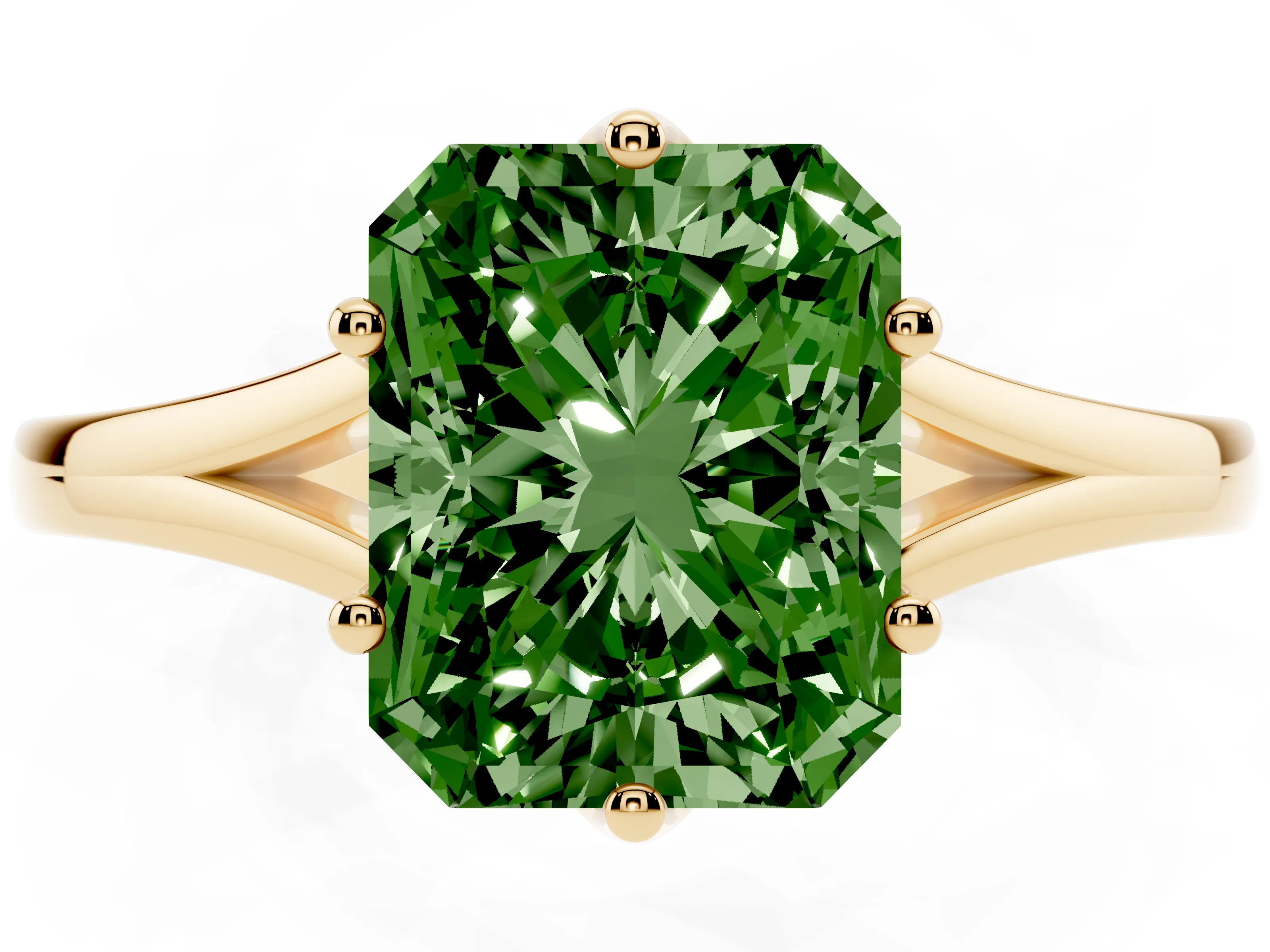 Fancy Green Radiant Cut Diamond Solitaire Ring Set in Yellow gold with Polished Tapered Band and Prong Setting