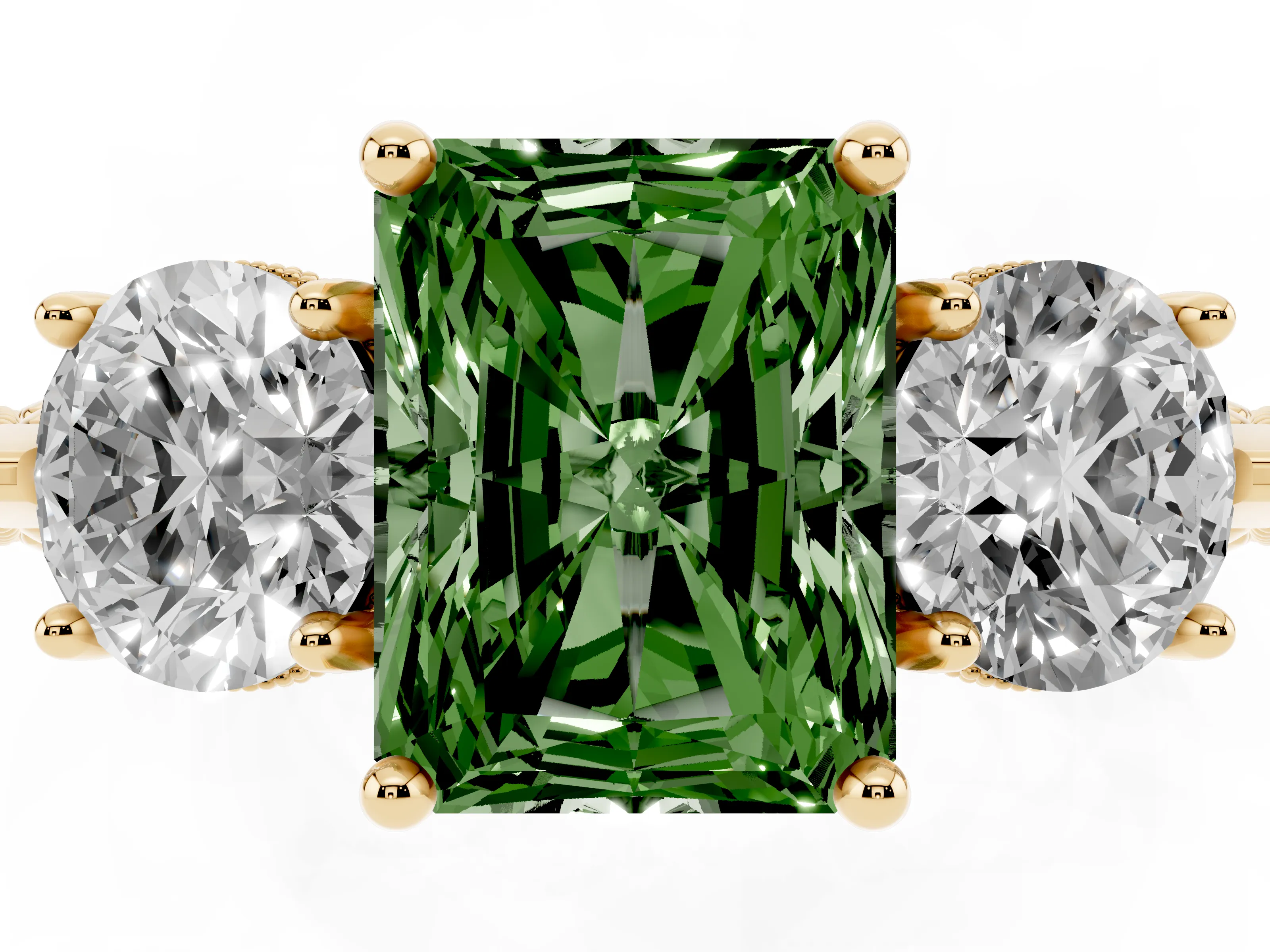 Fancy Green Radiant Cut Diamond Three-Stone Ring Set in Yellow gold with Milgrain Band